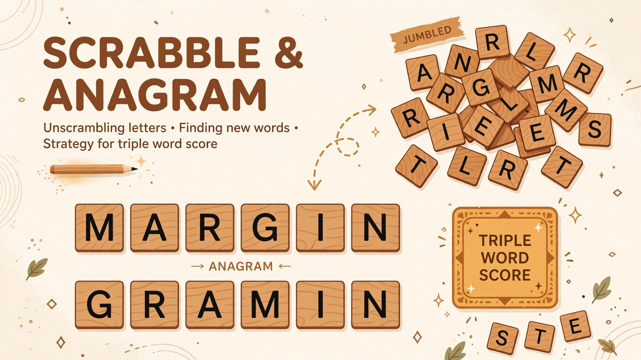 Wooden Scrabble letter tiles rearranging into words with a triple word score square