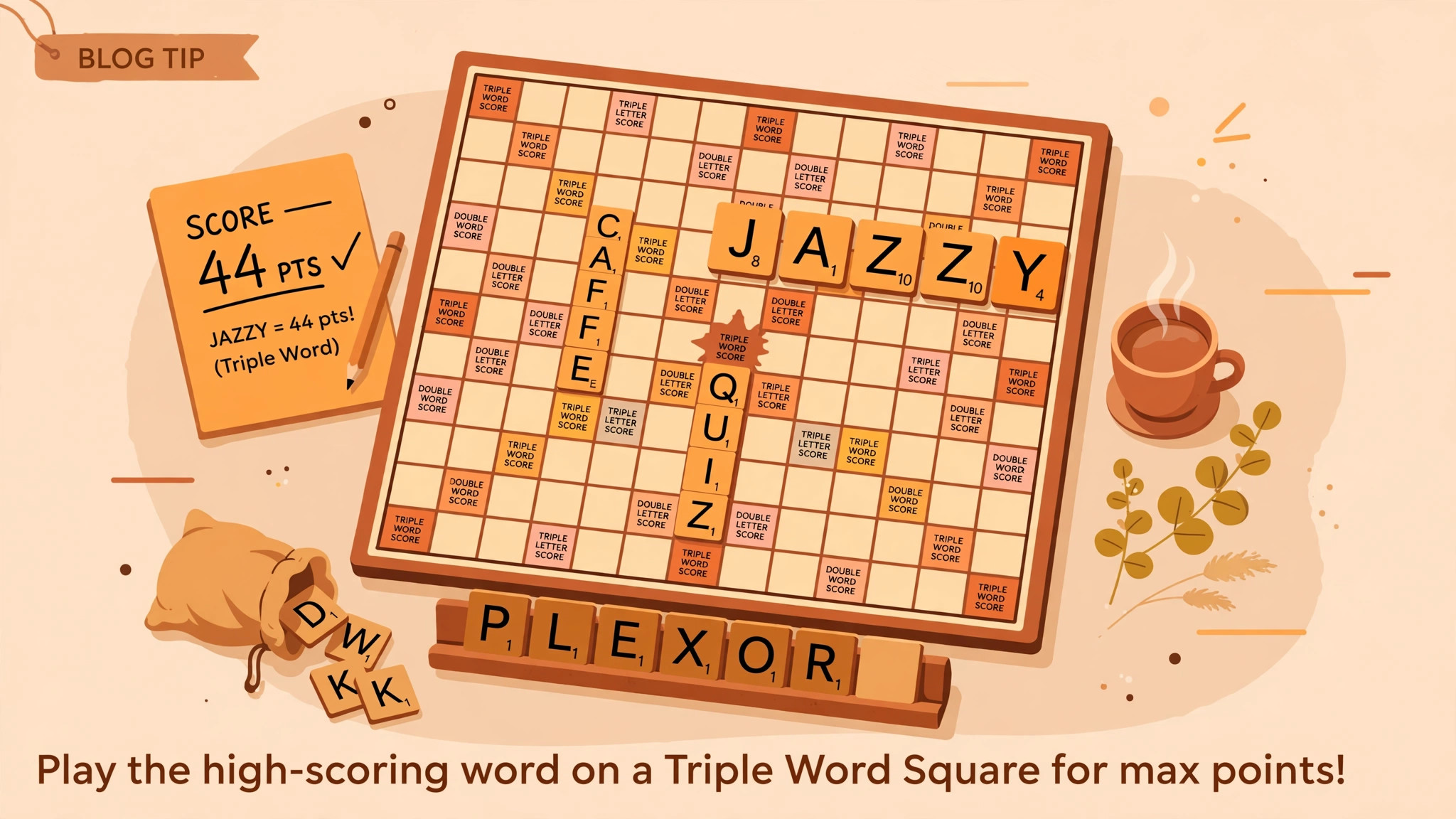Scrabble board game in progress with a high-scoring word on a triple word square