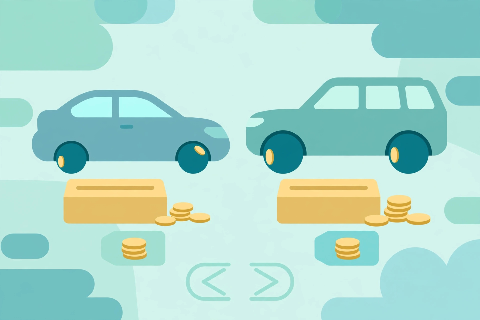 Two cars side by side with price comparison tags showing lease and buy costs