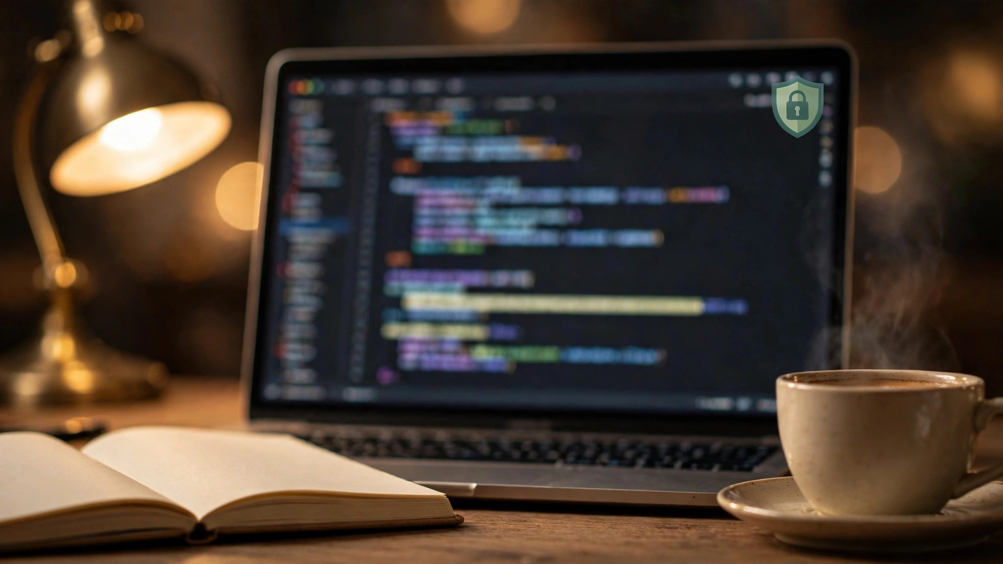Laptop with code editor and a local-execution security badge