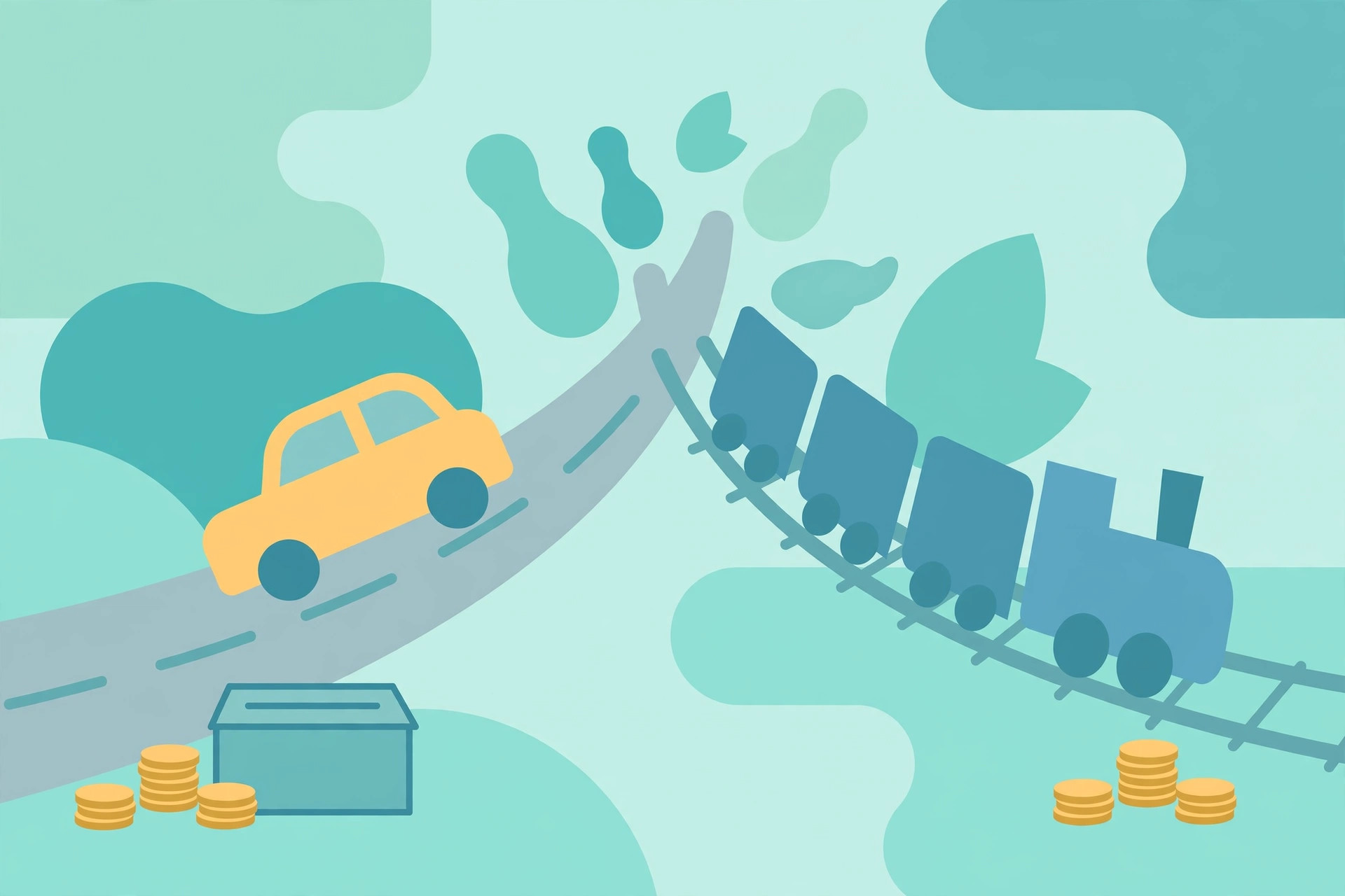 Car and train side by side on a split road at sunrise