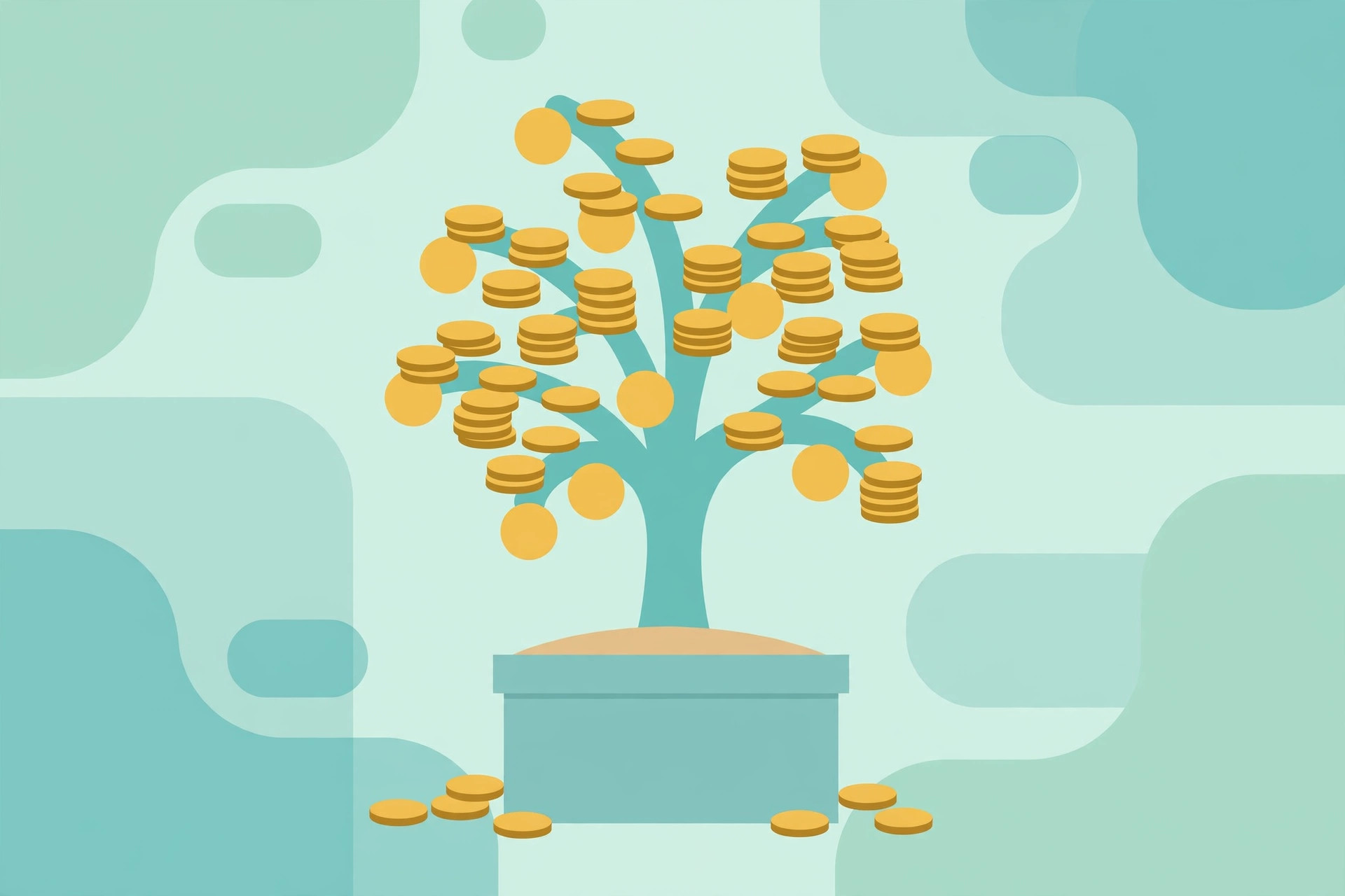 Money tree growing gold coins, symbolizing compound interest growth
