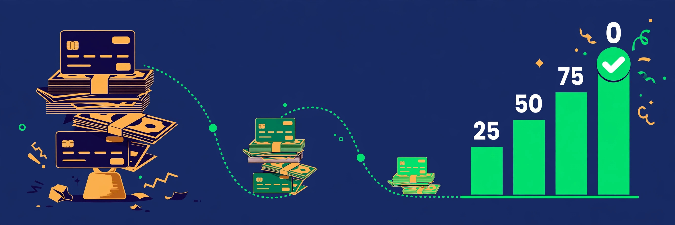 Illustration of credit card debt shrinking along a rising payoff progress chart ending at zero balance