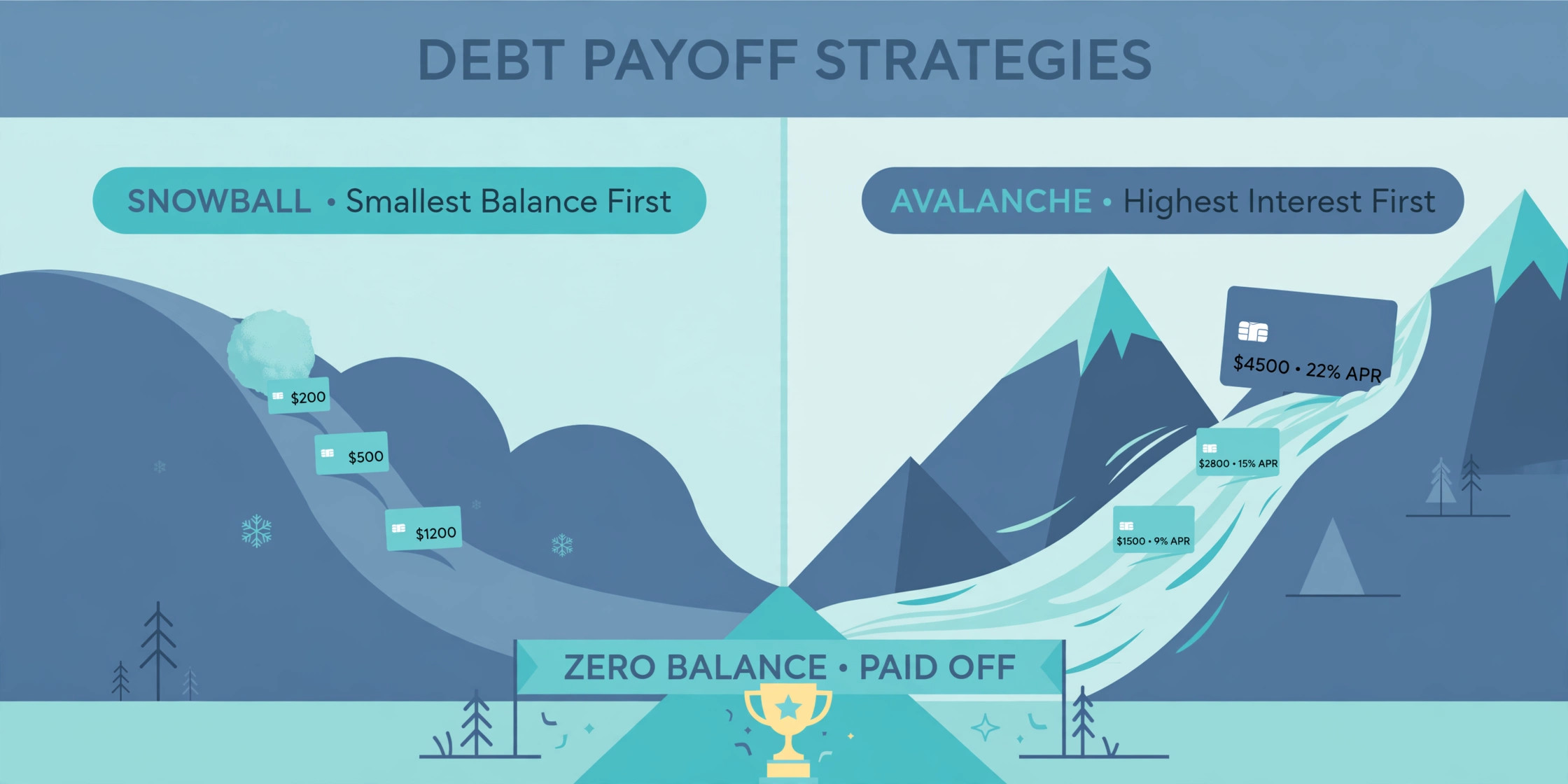 Side-by-side illustration of the debt snowball method targeting smallest balances and the avalanche method targeting highest interest rates