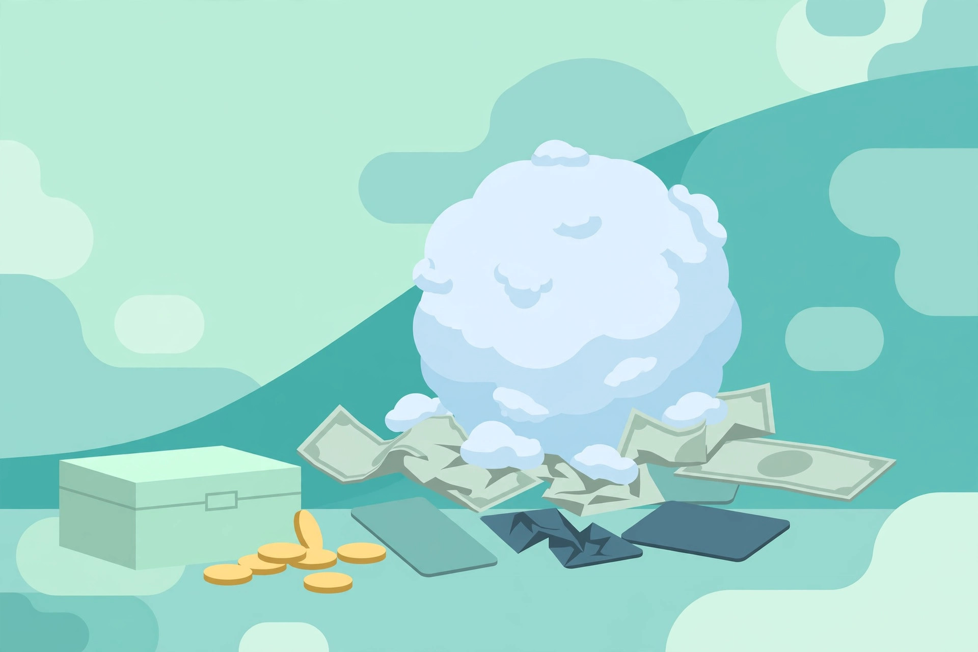 Snowball rolling downhill crushing bills and credit cards, illustrating the debt snowball method