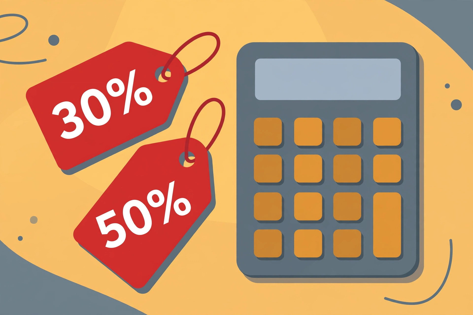 Red sale price tags showing 30% and 50% discounts next to a calculator