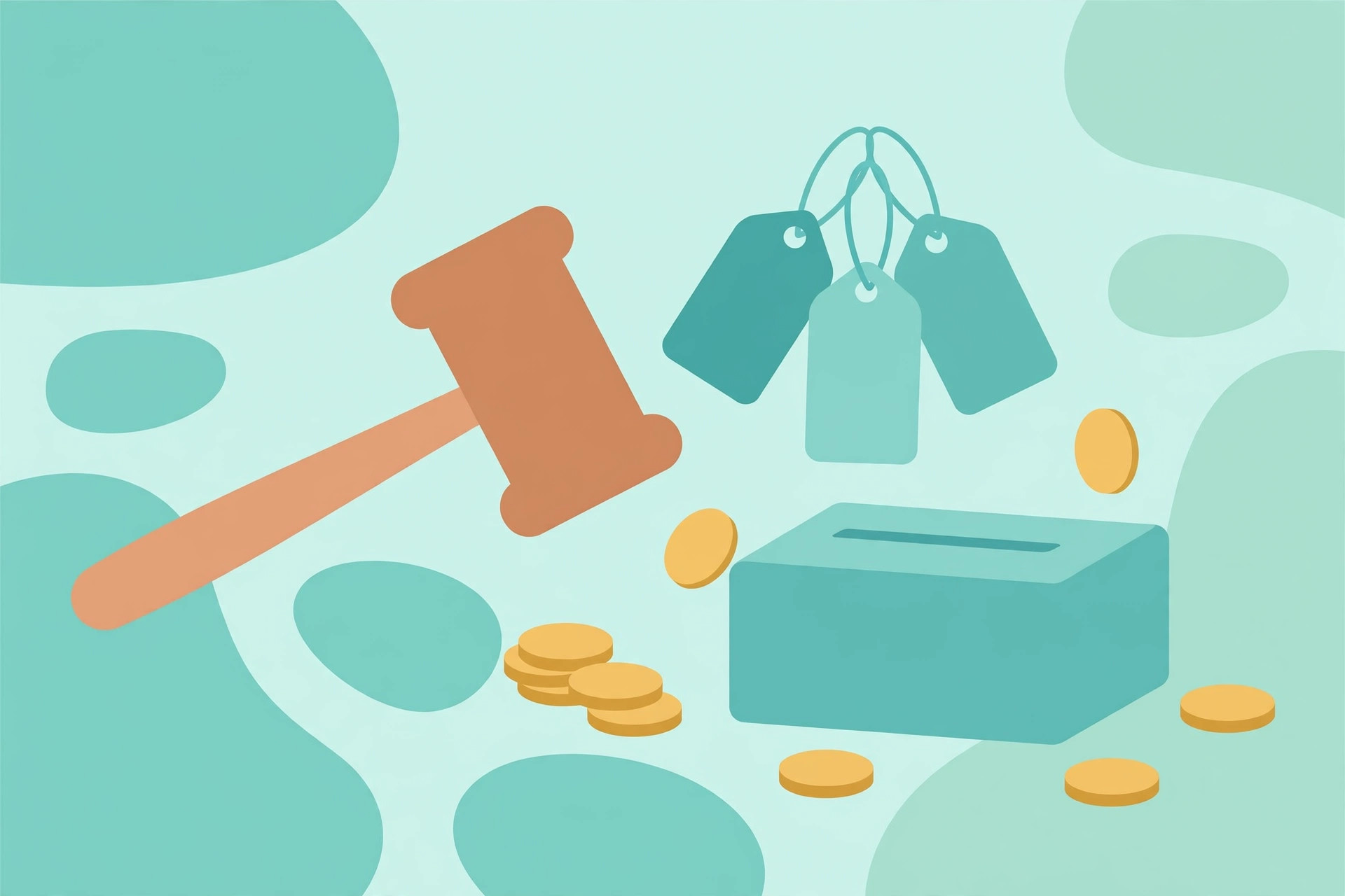 Online auction gavel with price tags and gold coins, illustrating eBay seller fees