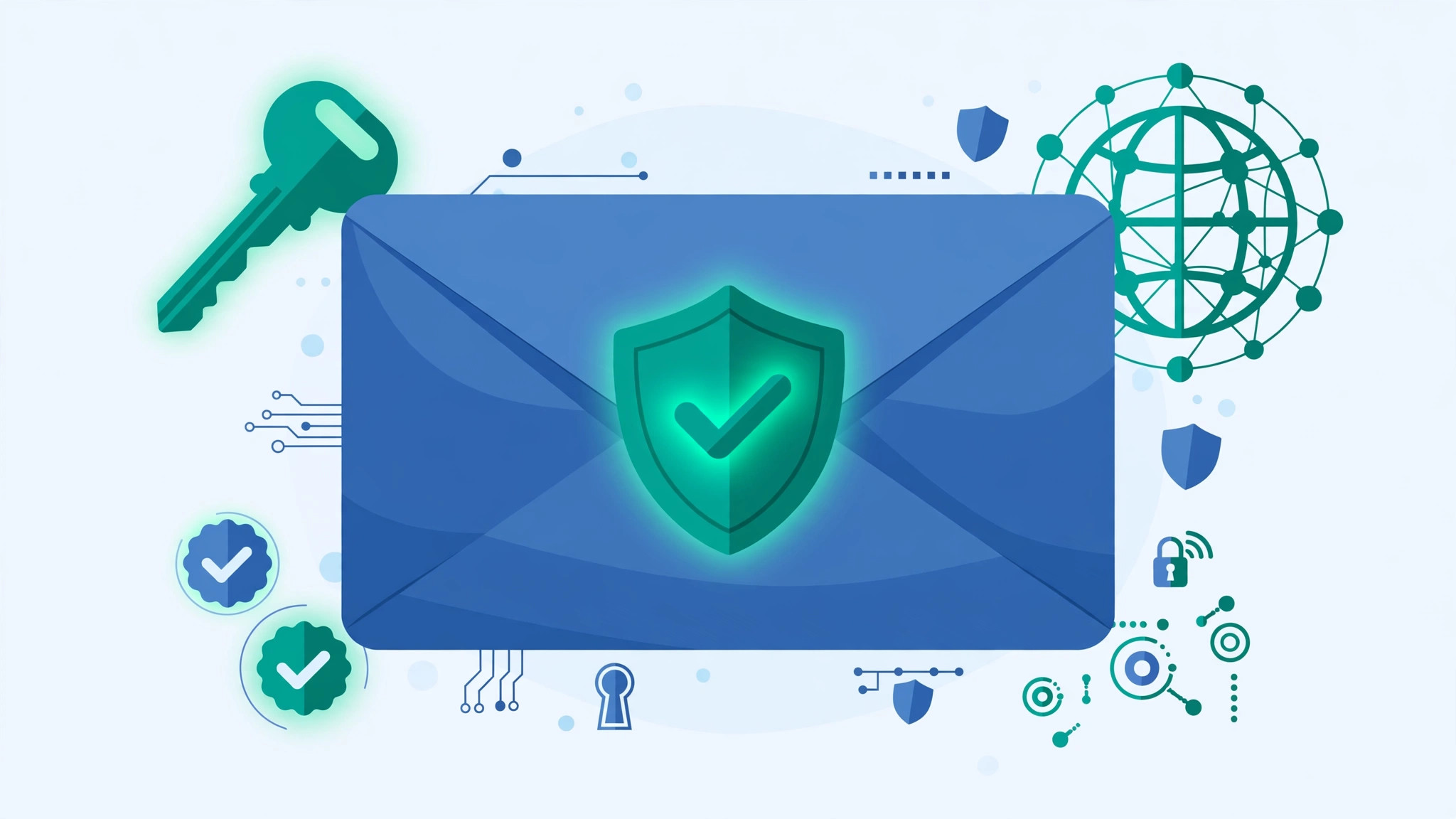 Envelope with shield and authentication checkmarks illustration