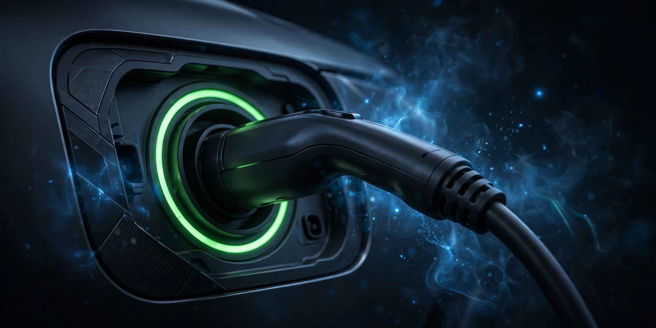 Close-up of an electric vehicle charging port with a glowing indicator light