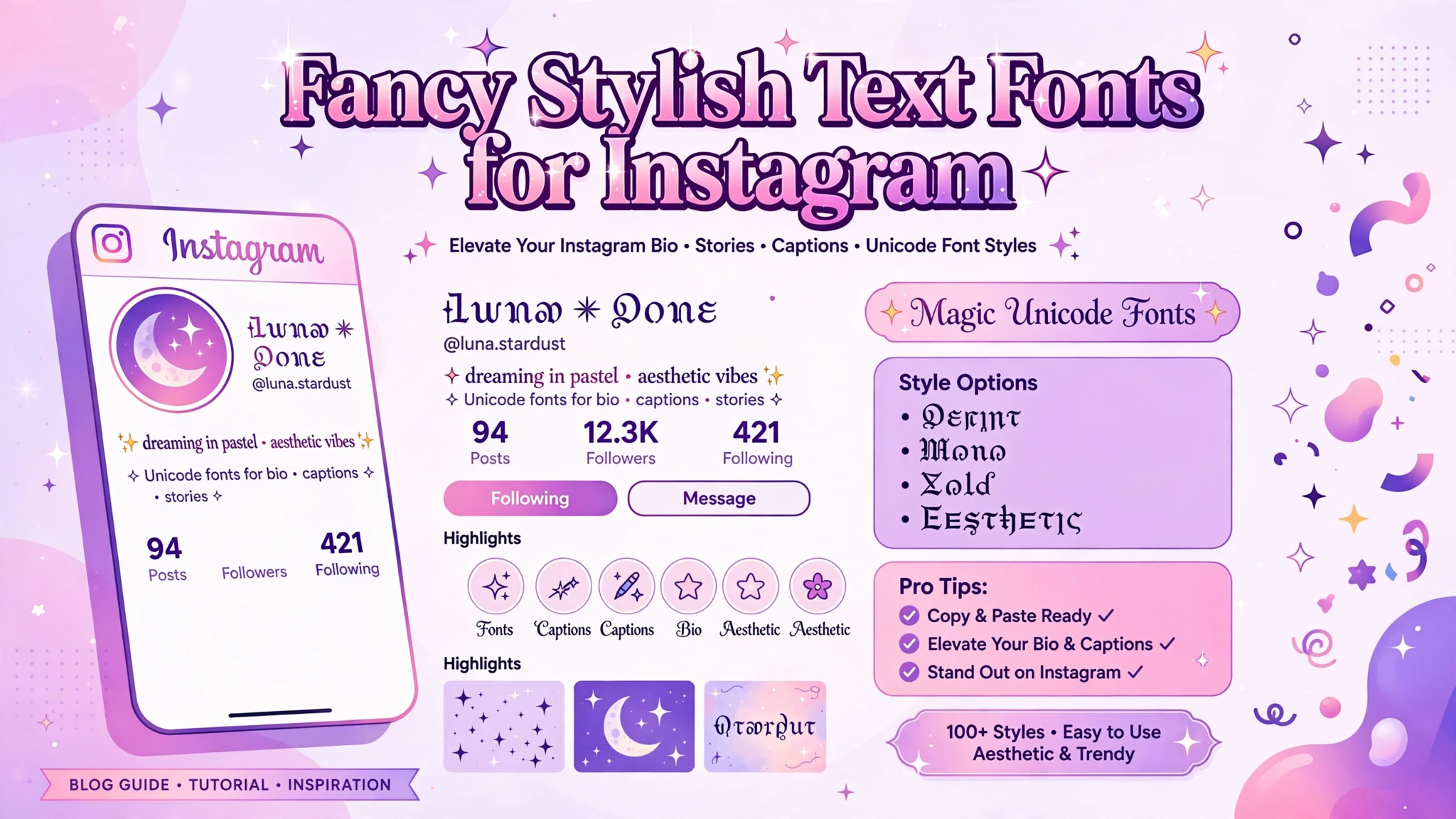 Smartphone showing an Instagram profile with decorative fancy Unicode text styles