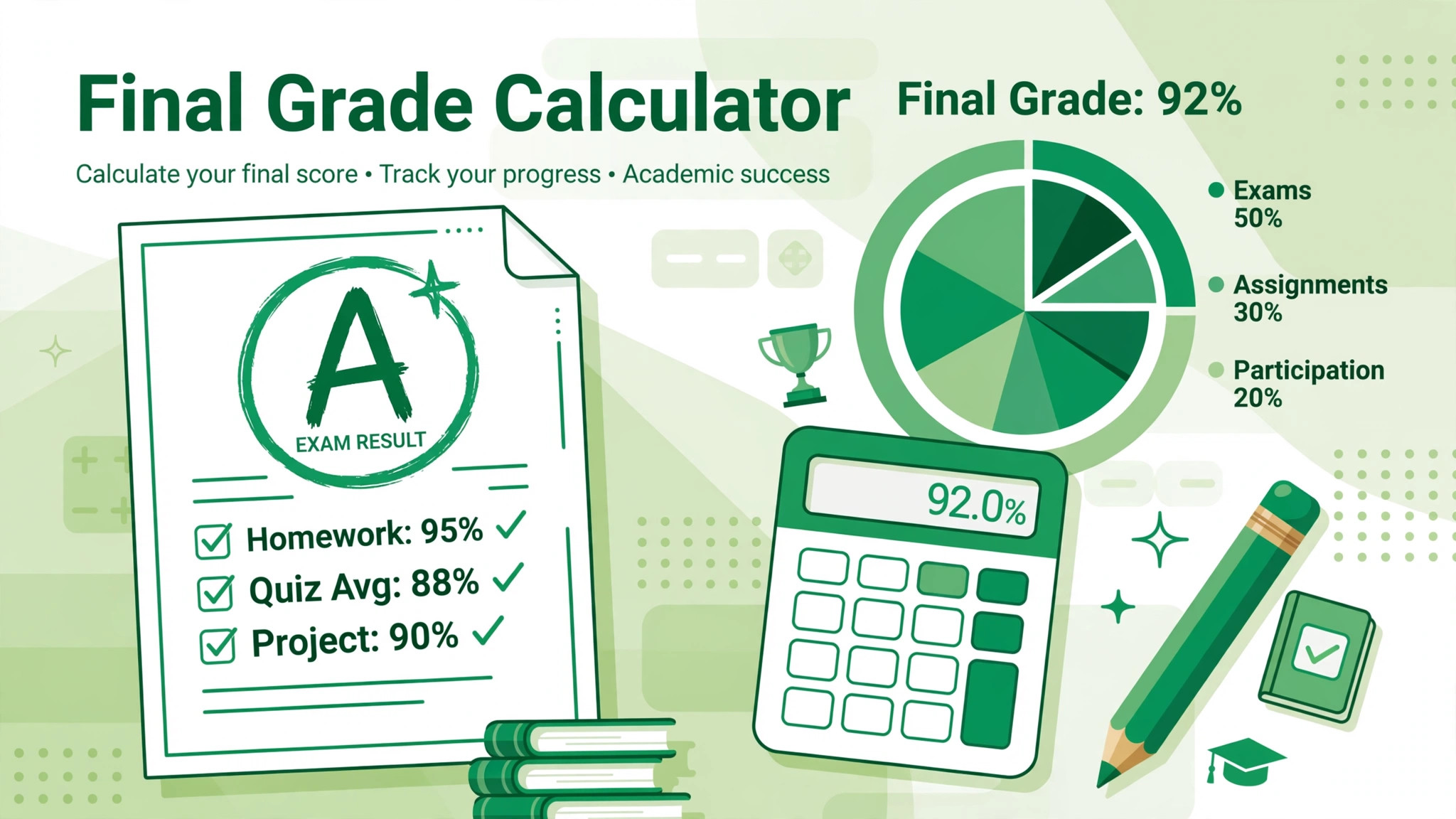 Exam paper with a circled A grade, percentage pie chart and calculator