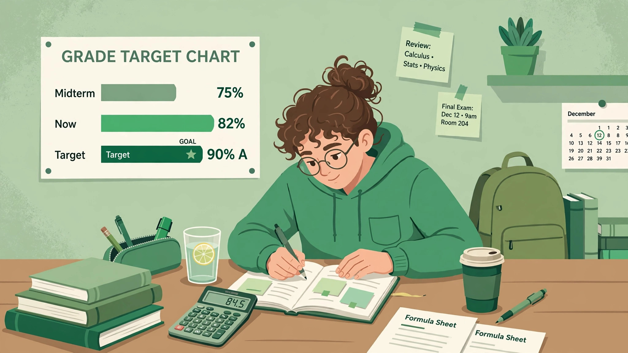 Student studying for a final exam with books, calculator and a grade target chart
