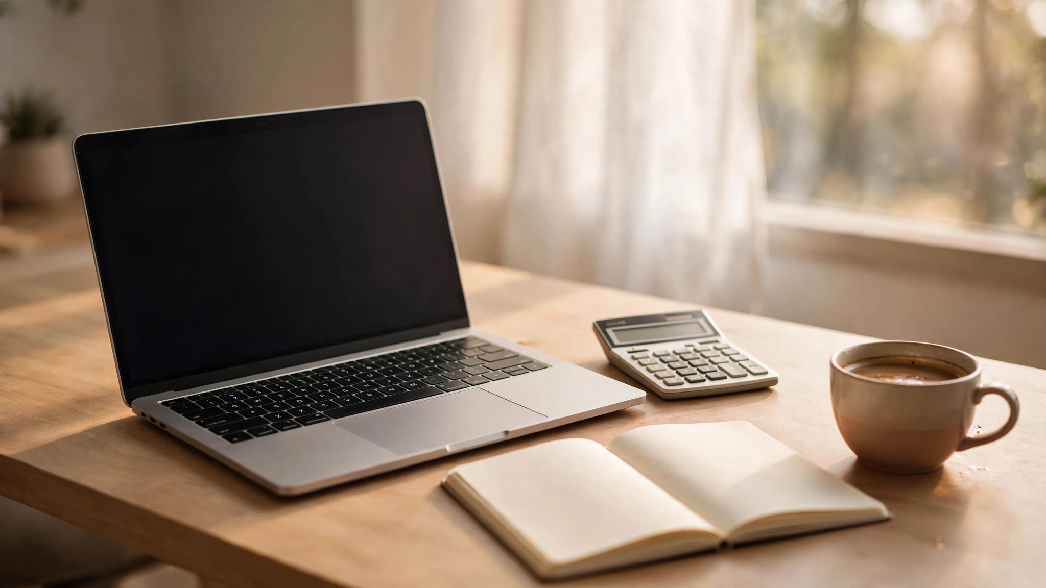 Freelancer's modern home office desk with laptop, calculator and notebook