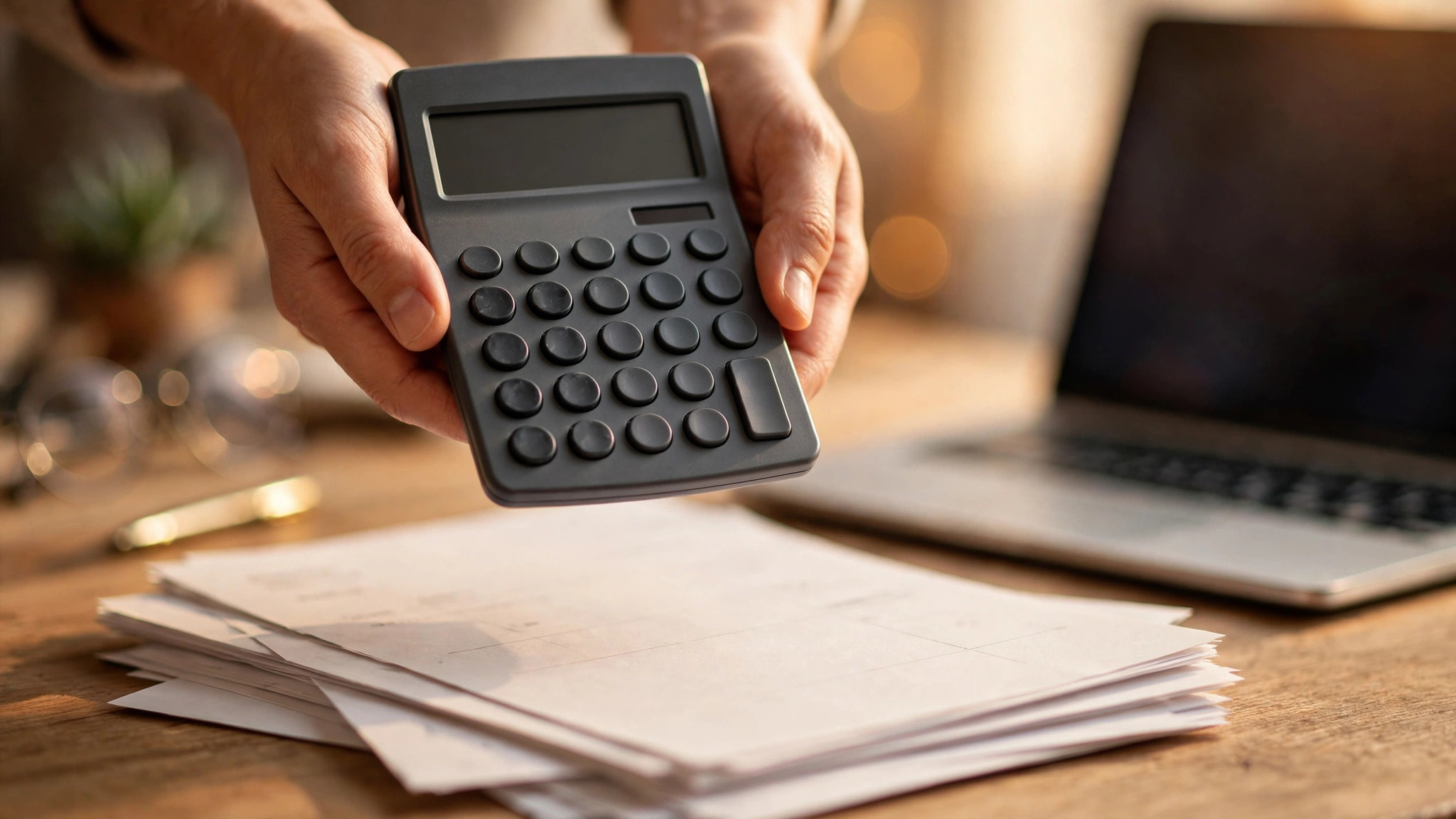 Hands holding a calculator over invoices and a laptop on a wooden desk