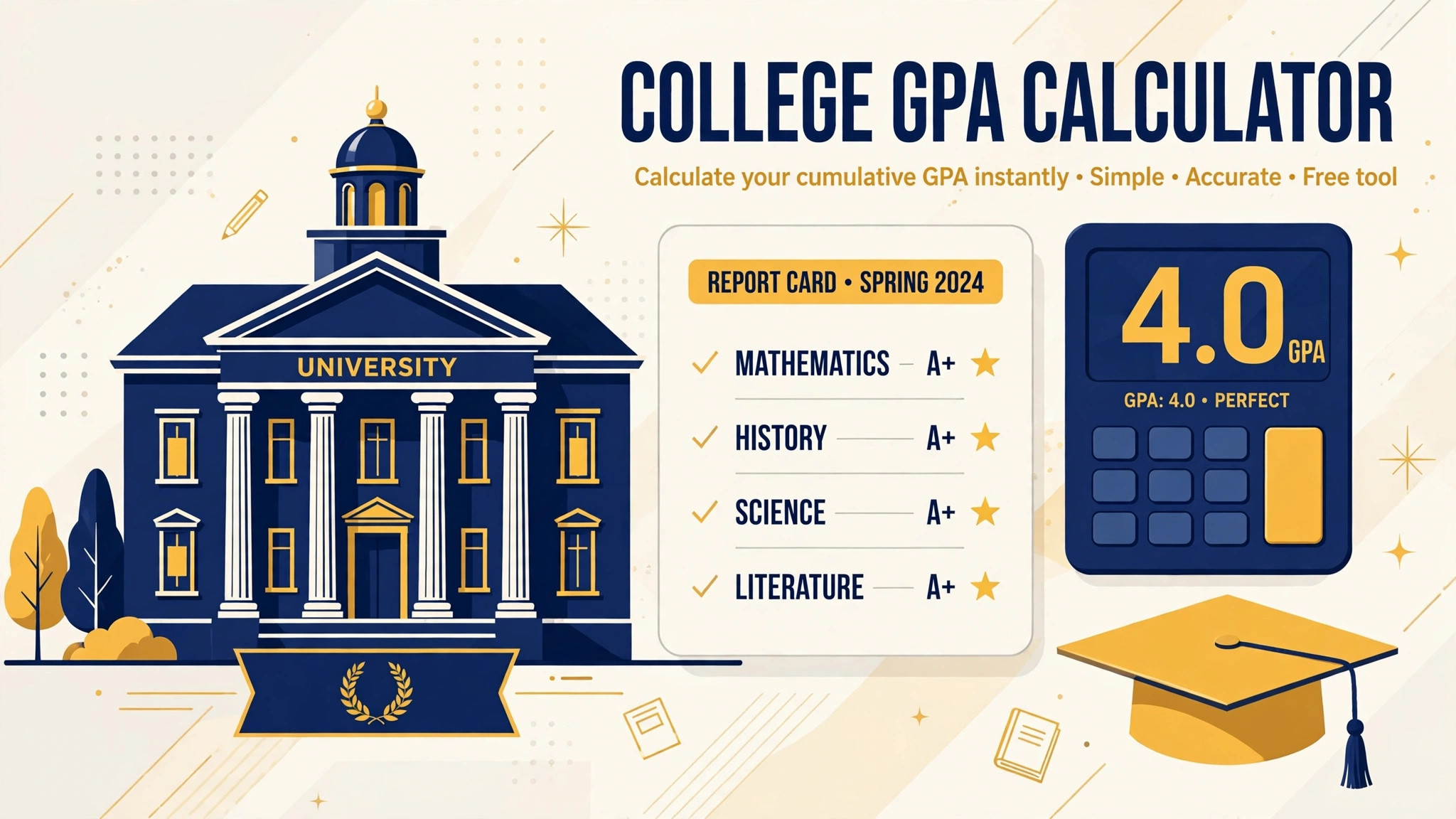 University building with a report card showing A+ grades and a calculator displaying 4.0