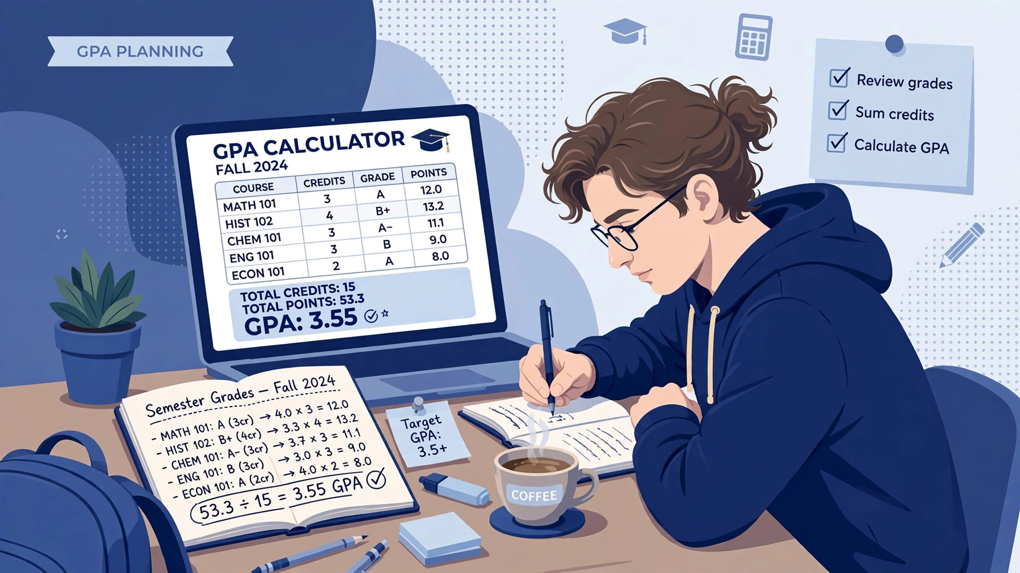 College student calculating GPA with a laptop and notebook