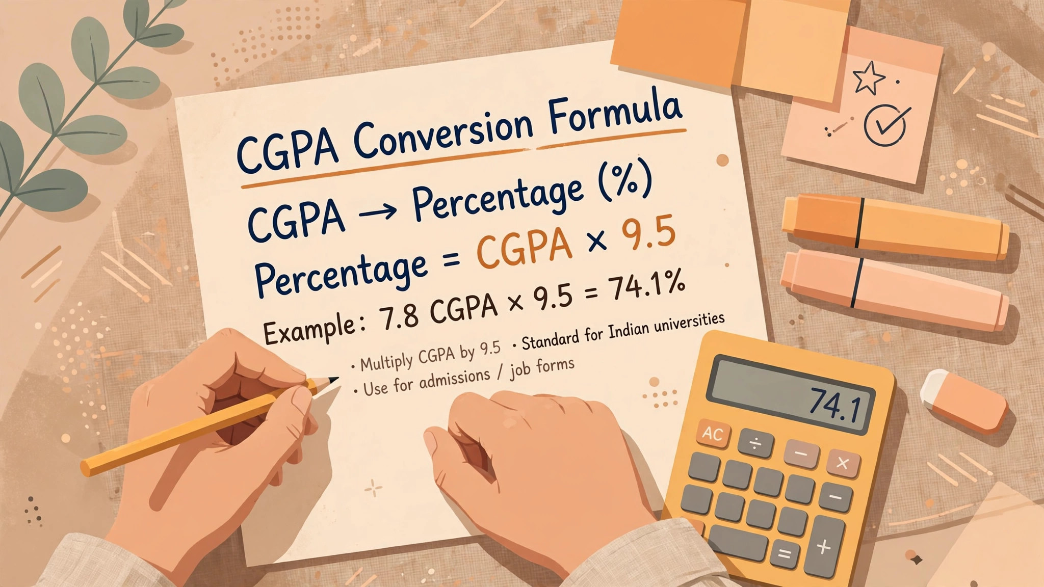 Student writing the CGPA conversion formula on paper with a calculator nearby