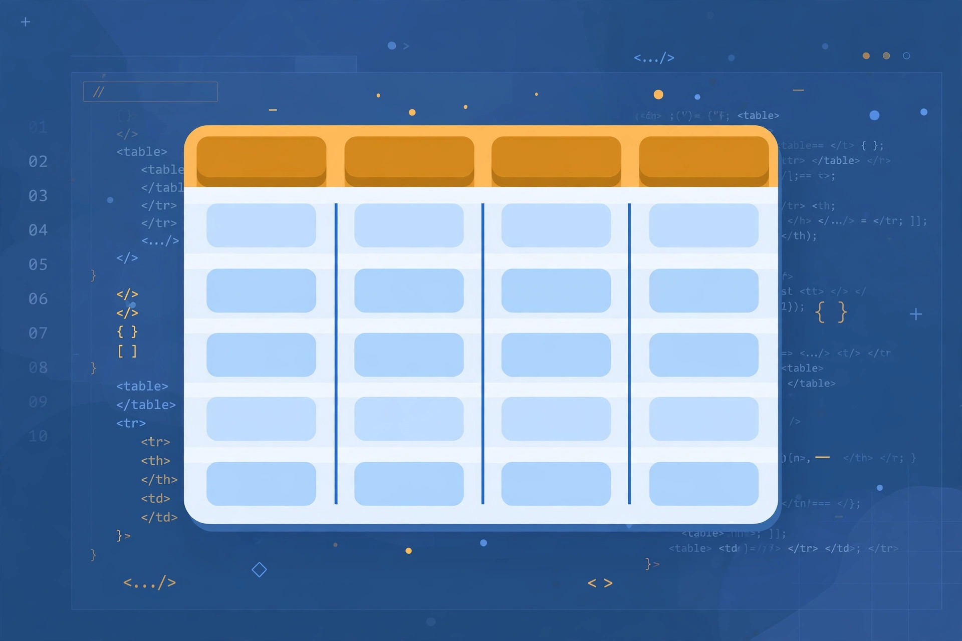 Illustration of a clean HTML data table with striped rows and a highlighted header row over a code editor background