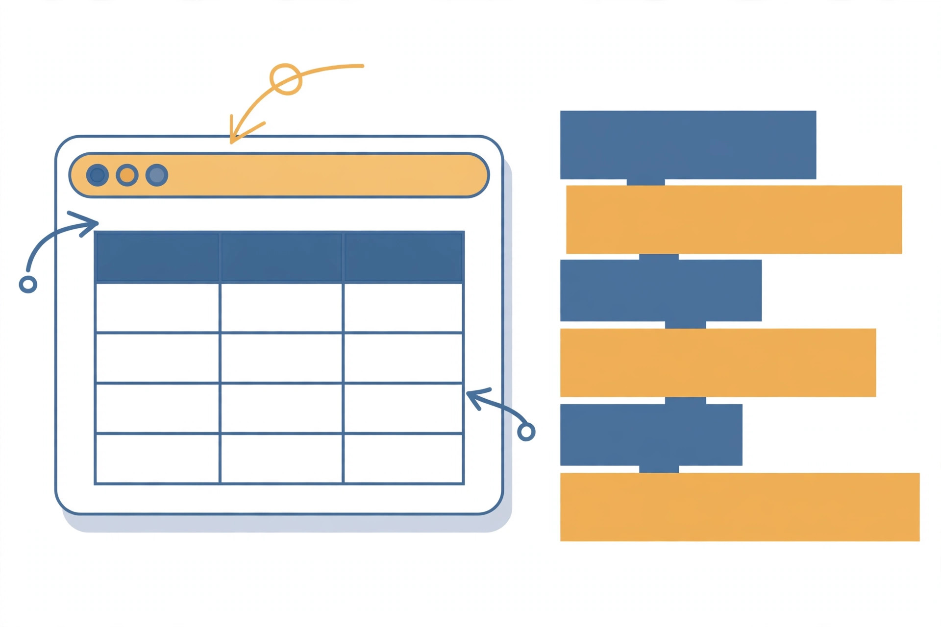 Illustration of an HTML table rendered in a browser window with abstract code blocks beside it