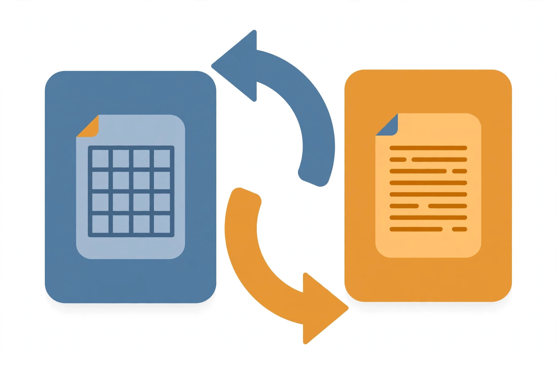 Abstract illustration of two-way conversion between an HTML table document and a Markdown text document with curved arrows