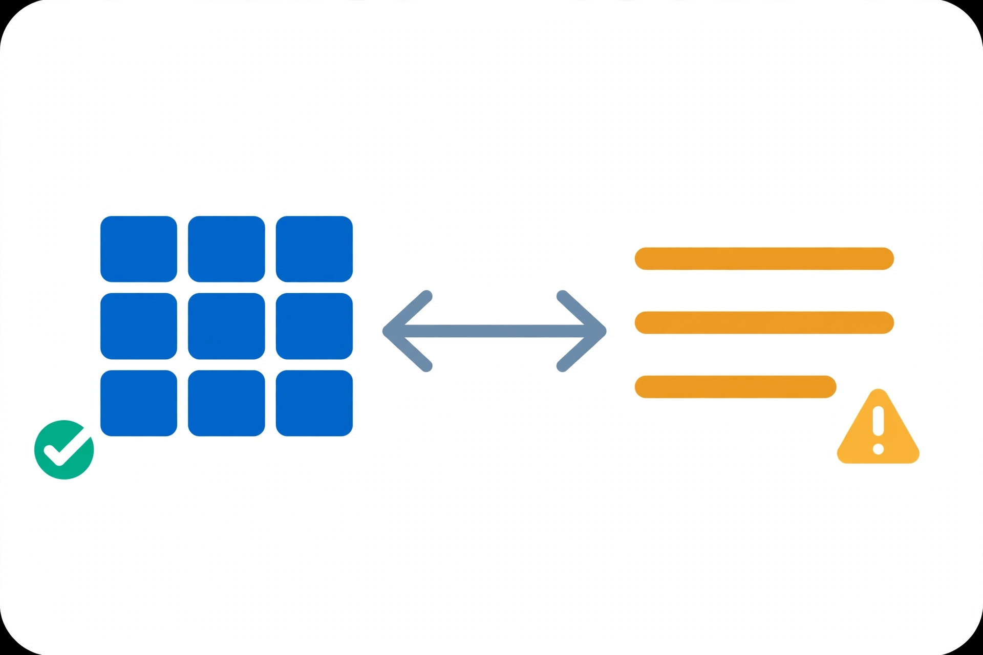 Abstract icons showing a table grid converting to text lines with a double-headed arrow, checkmark and warning accents