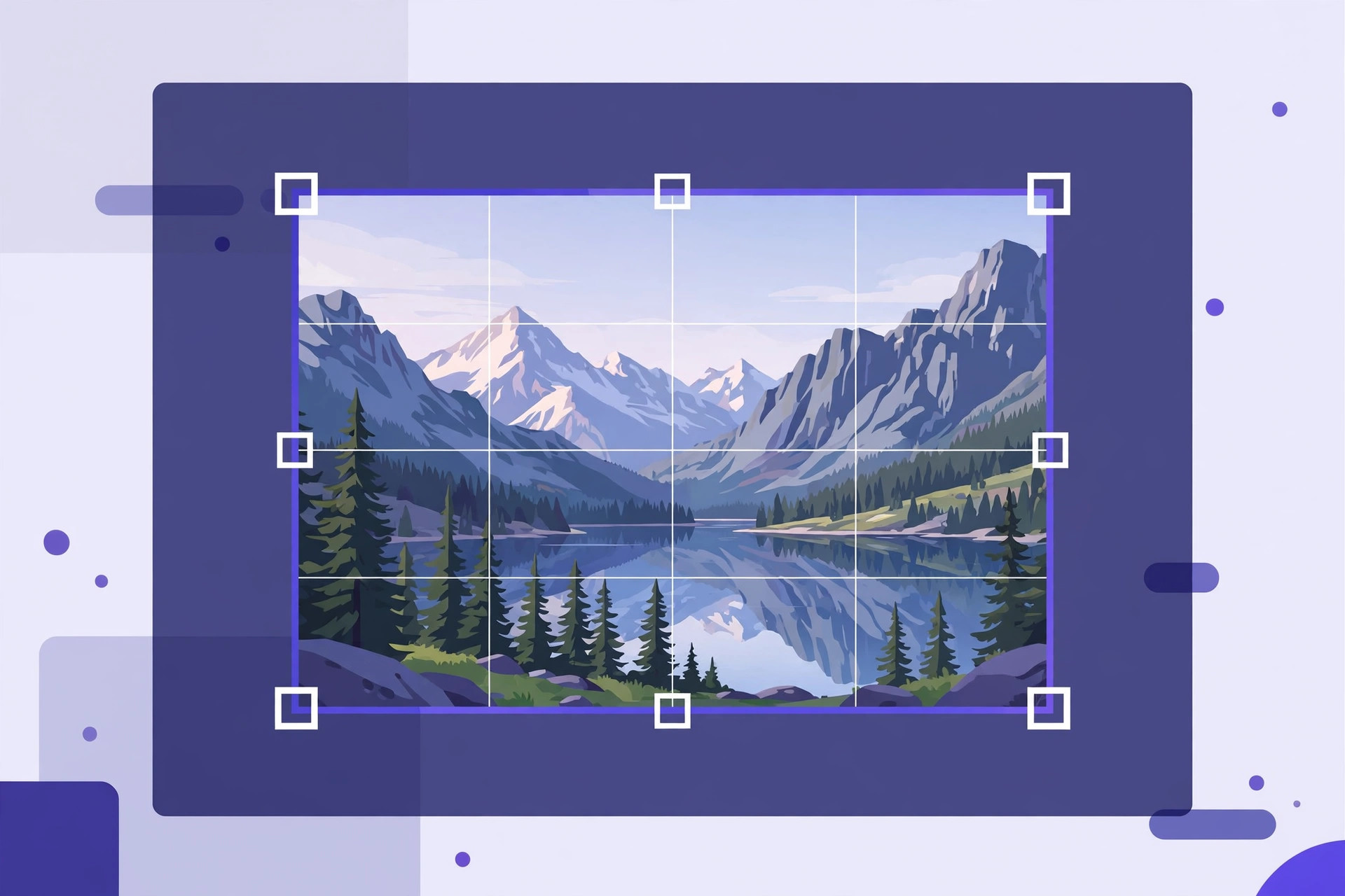 A mountain landscape photo inside an online image cropper, with white crop handles on the corners and edges of the selection area and rule-of-thirds grid lines