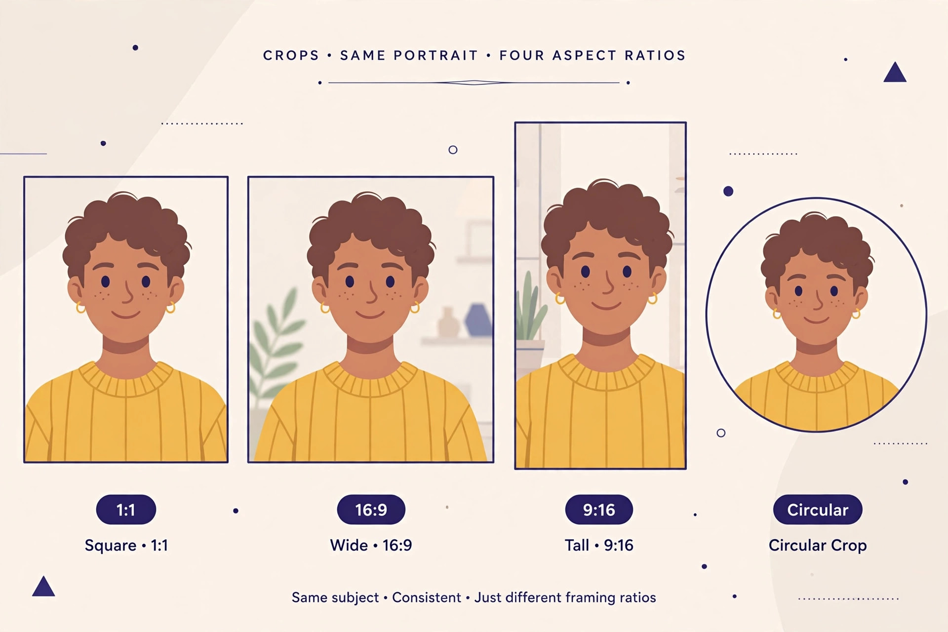 The same portrait photo shown cropped four ways: square 1:1, wide 16:9, tall 9:16, and a circular crop for profile pictures