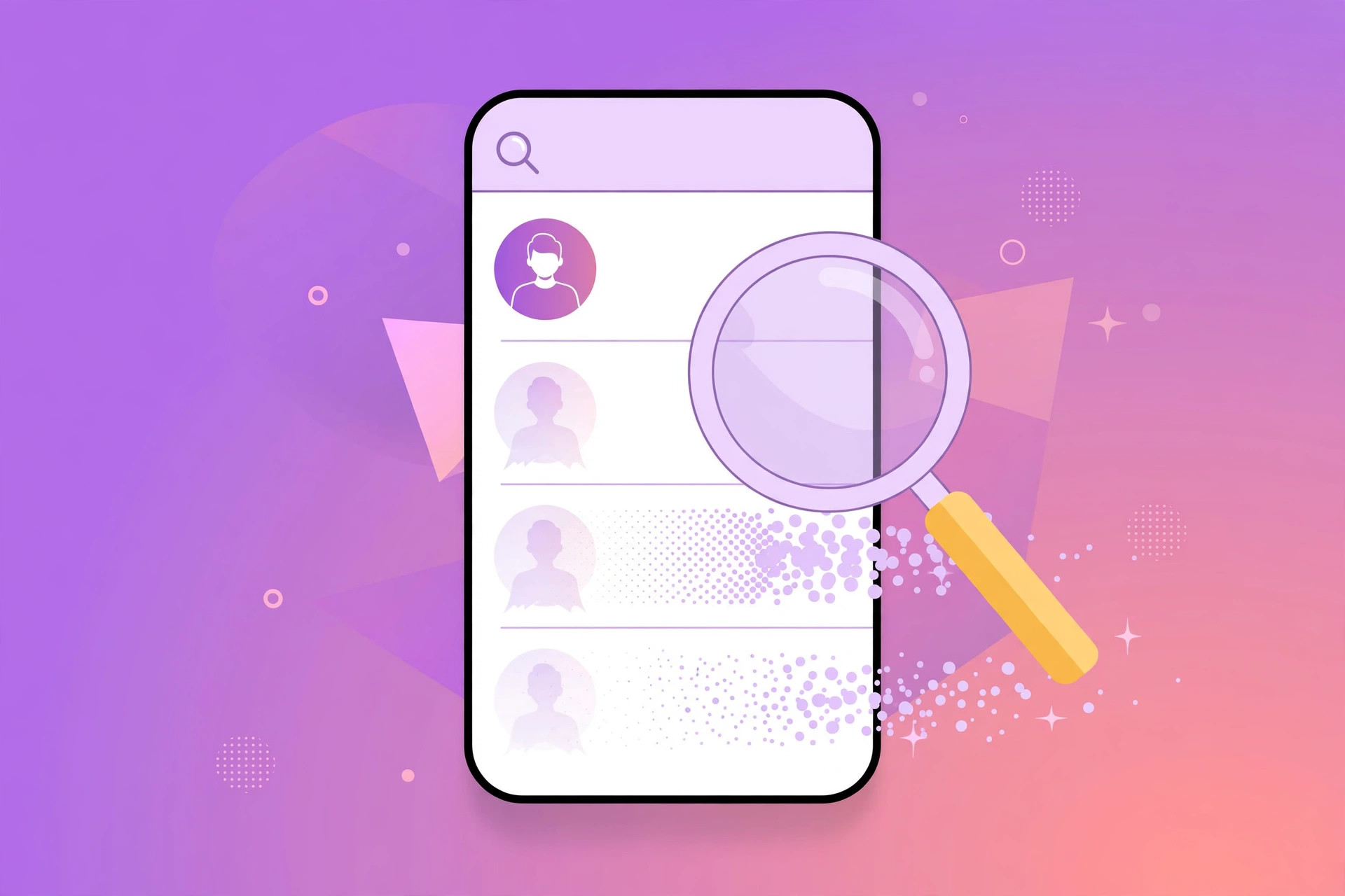 Smartphone showing an Instagram follower list with fading profile avatars and a magnifying glass, illustrating unfollower tracking