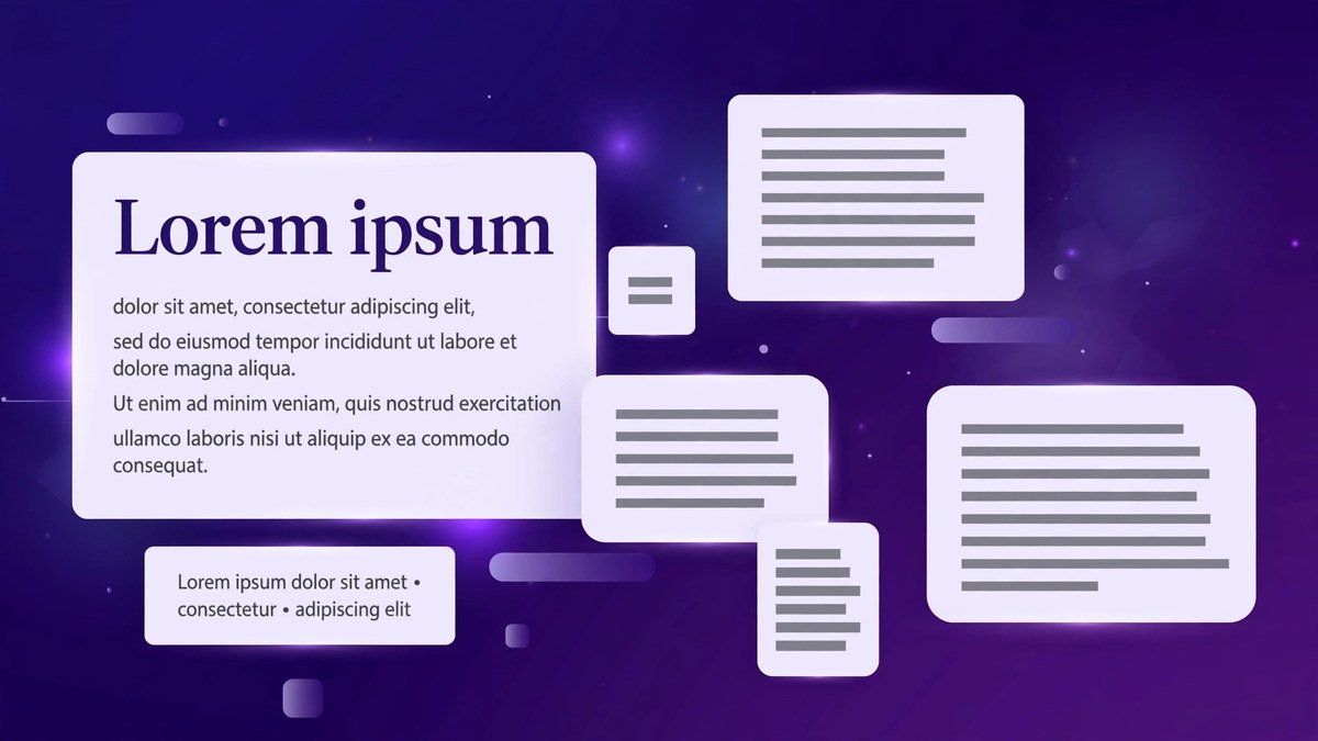 Cards and blocks filled with Lorem ipsum placeholder text on a deep indigo background