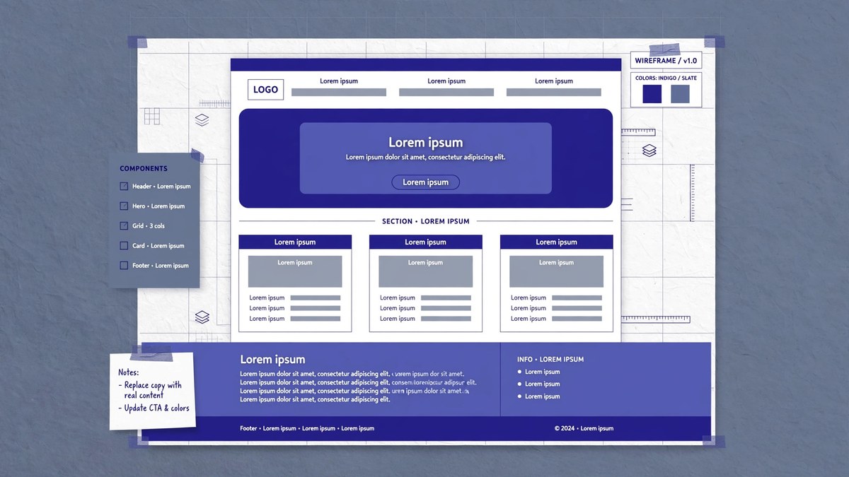A web design wireframe mockup with grey Lorem ipsum placeholder text blocks filling the layout