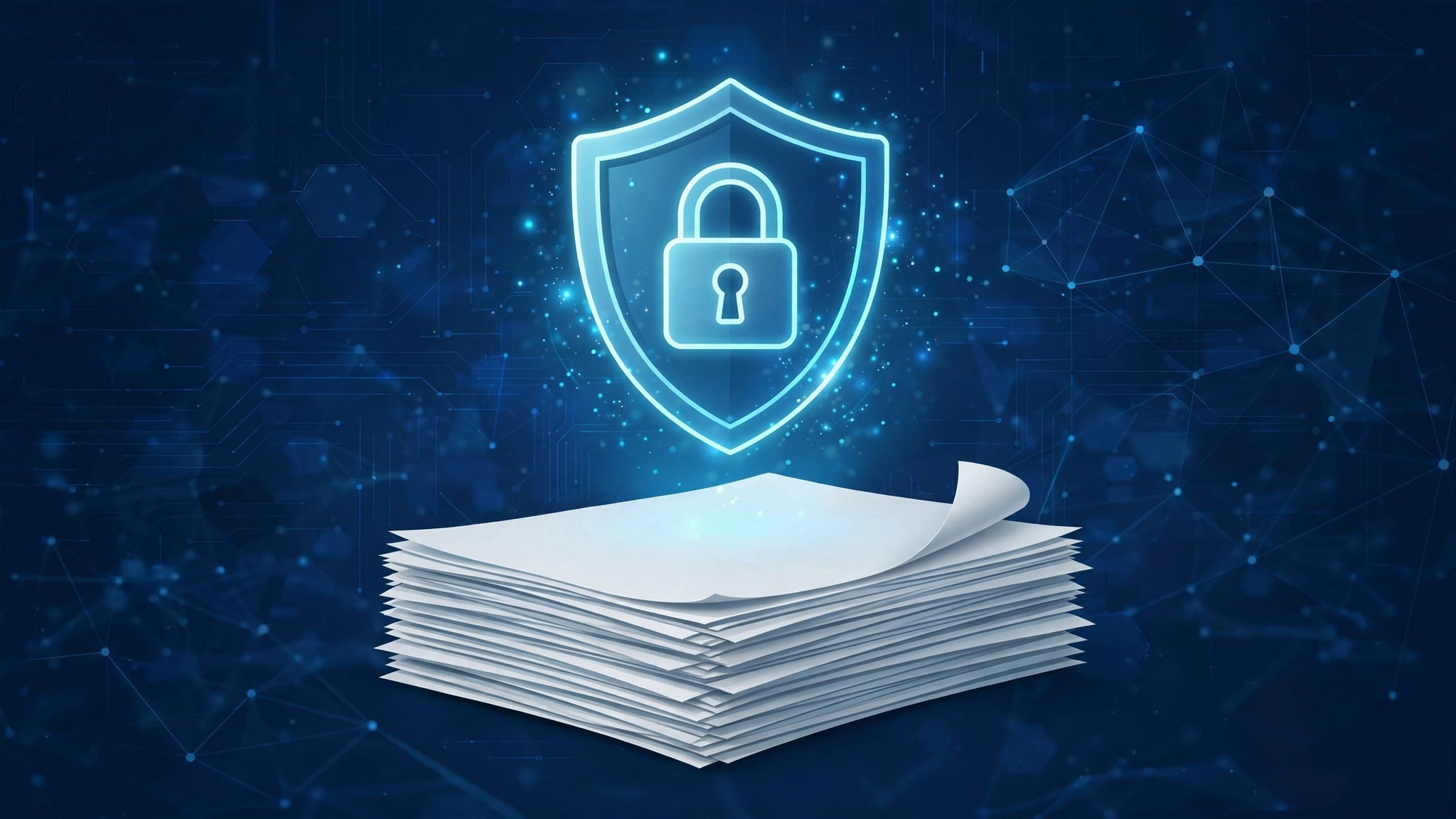 Stacked PDF documents protected by a glowing shield and padlock