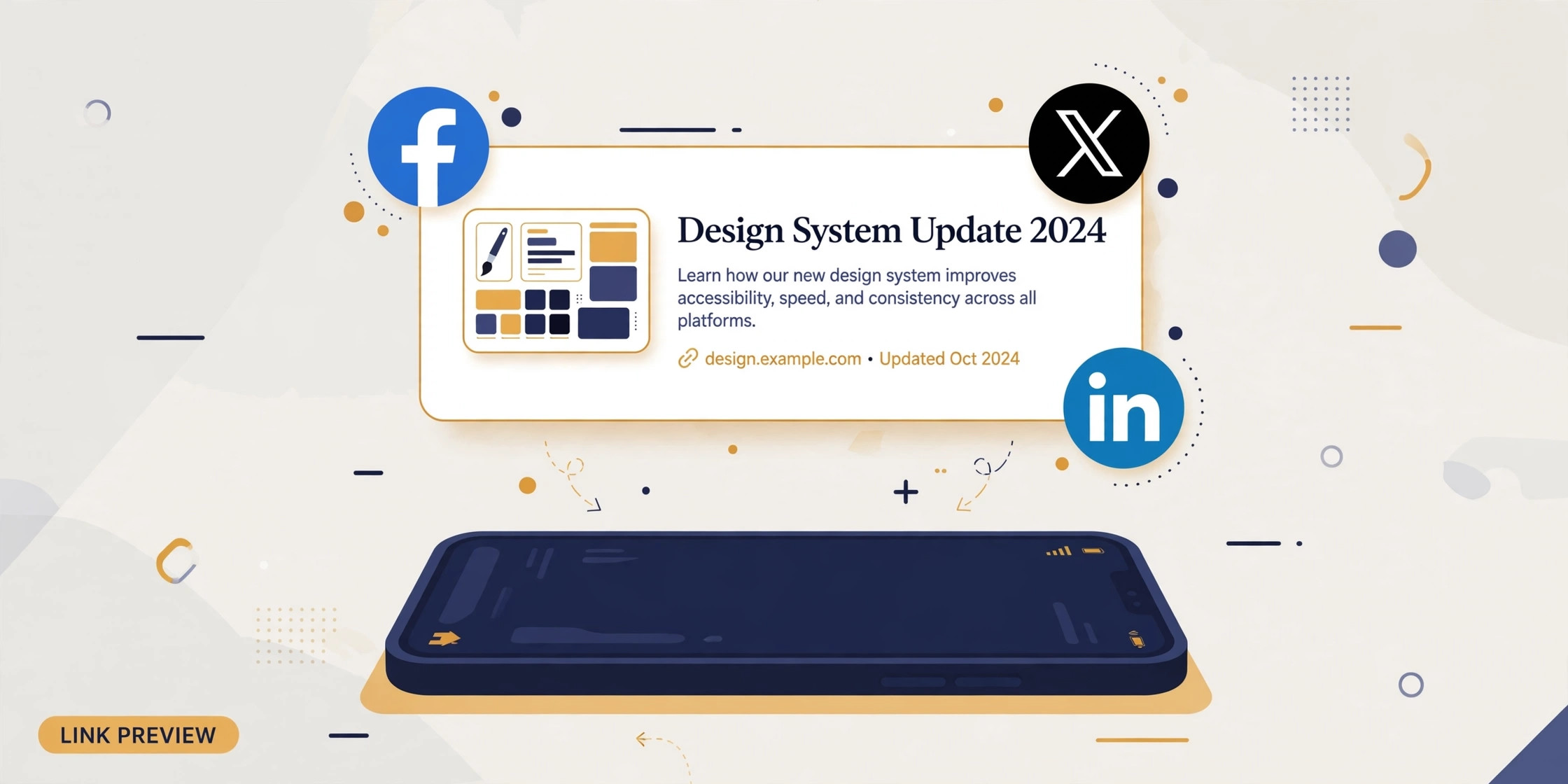 Social media link preview card with title, description and thumbnail surrounded by Facebook, X and LinkedIn icons