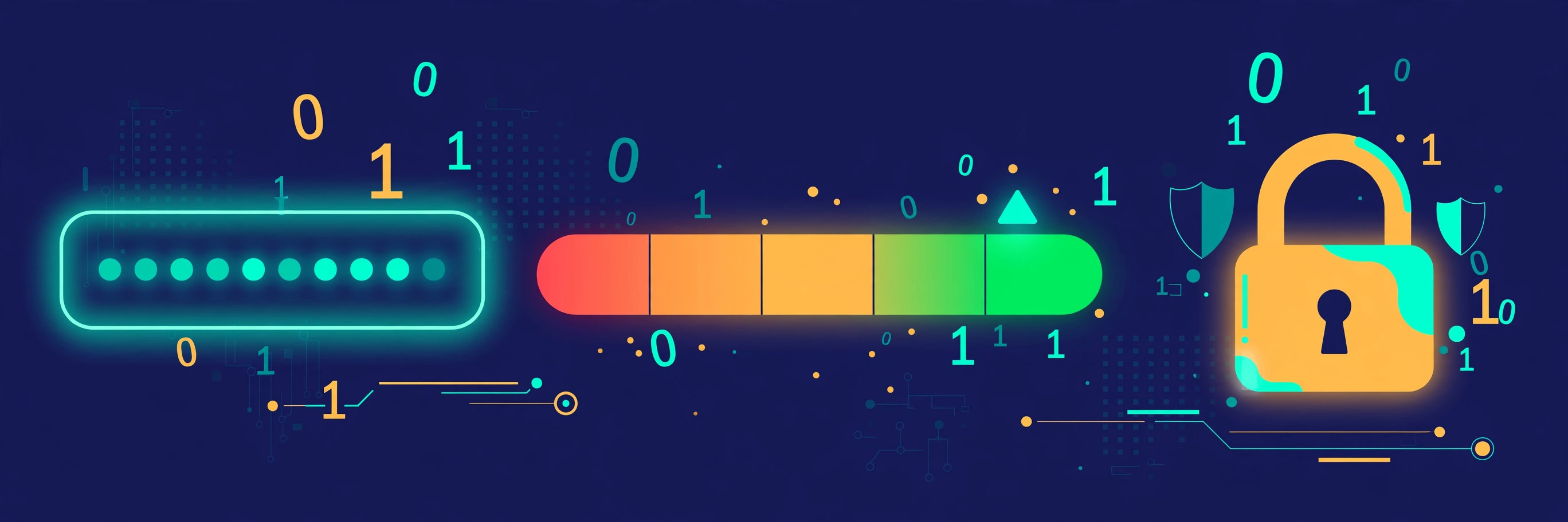Password field with masked characters, a strength meter rising from red to green, floating binary bits and a padlock illustrating password entropy
