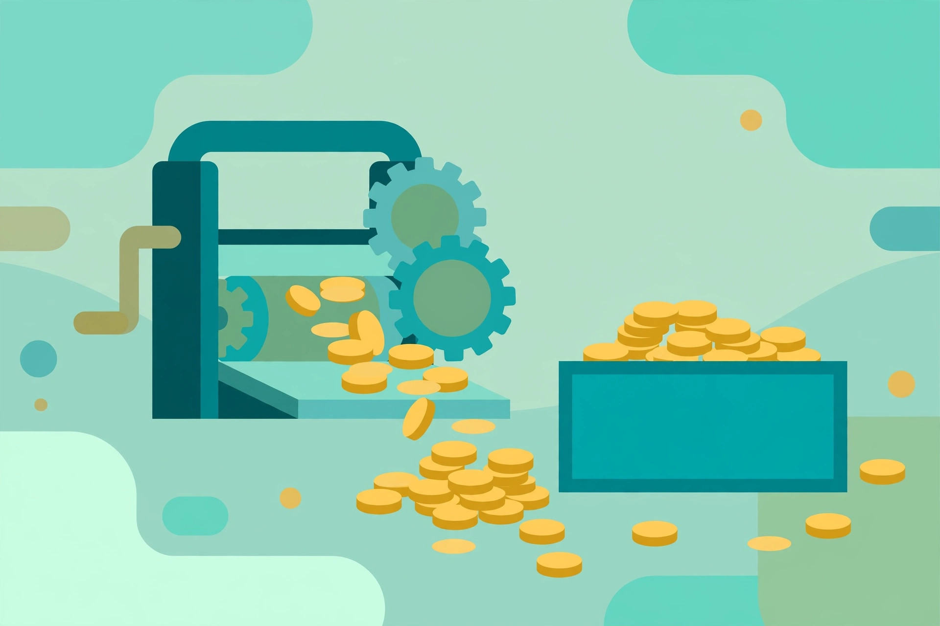 A printing press with gold coins