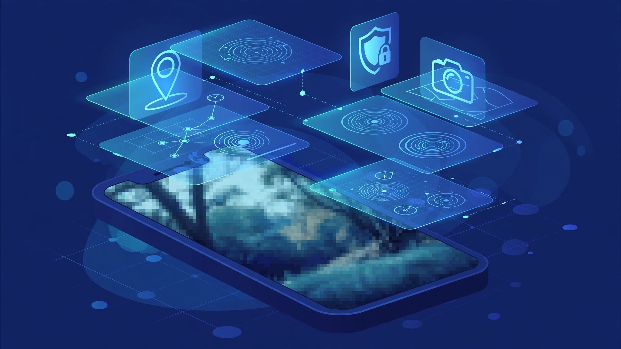 A magnified view of a smartphone photo with hidden EXIF metadata fields such as GPS coordinates and camera model floating above it