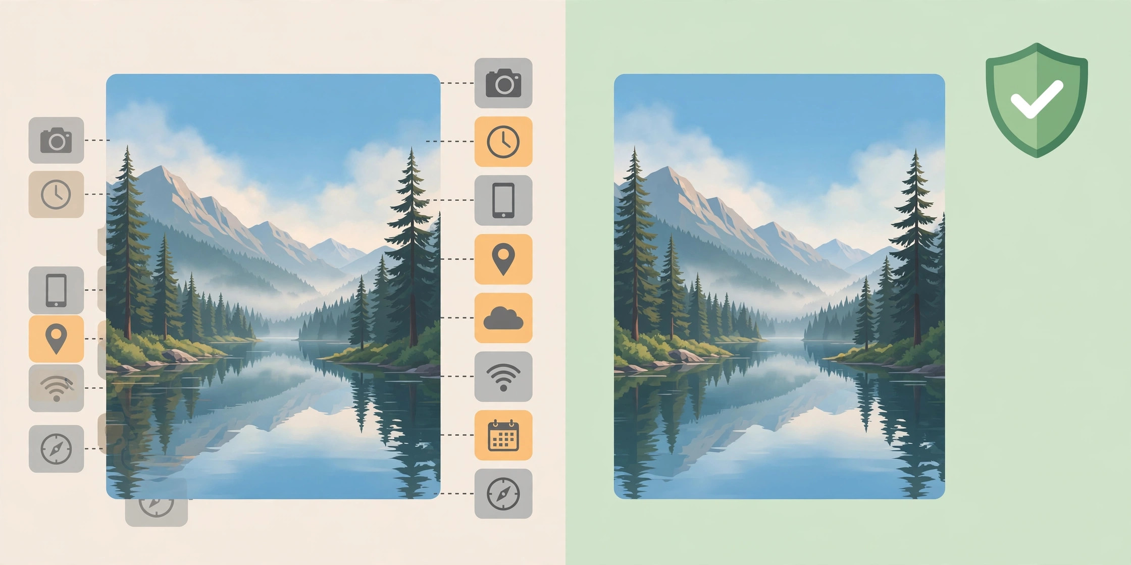 Side-by-side illustration of the same photo before and after stripping, showing a long list of metadata fields on the left and none on the right