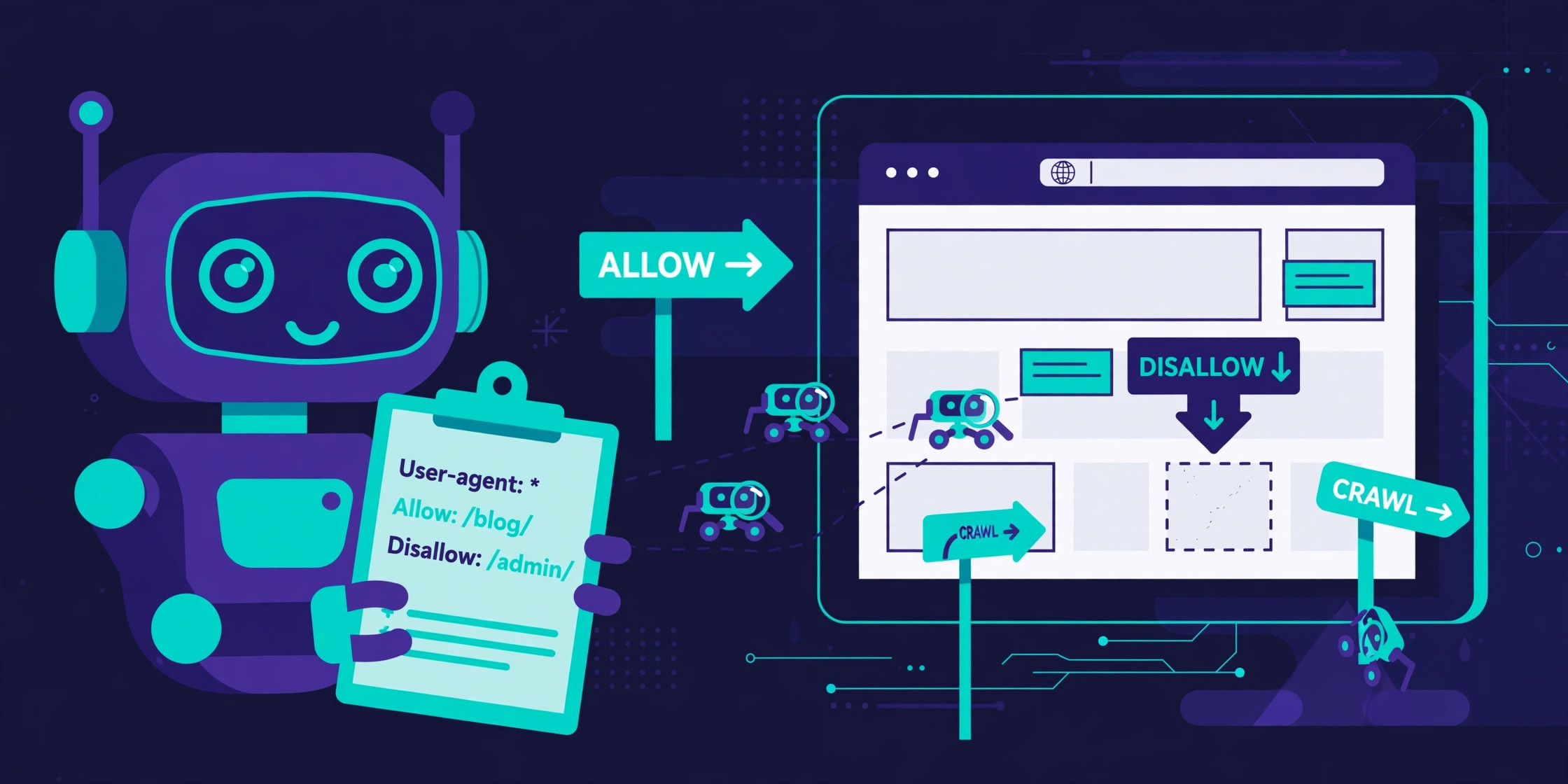 Robot holding a clipboard with robots.txt code guiding search engine crawlers with allow and disallow signs
