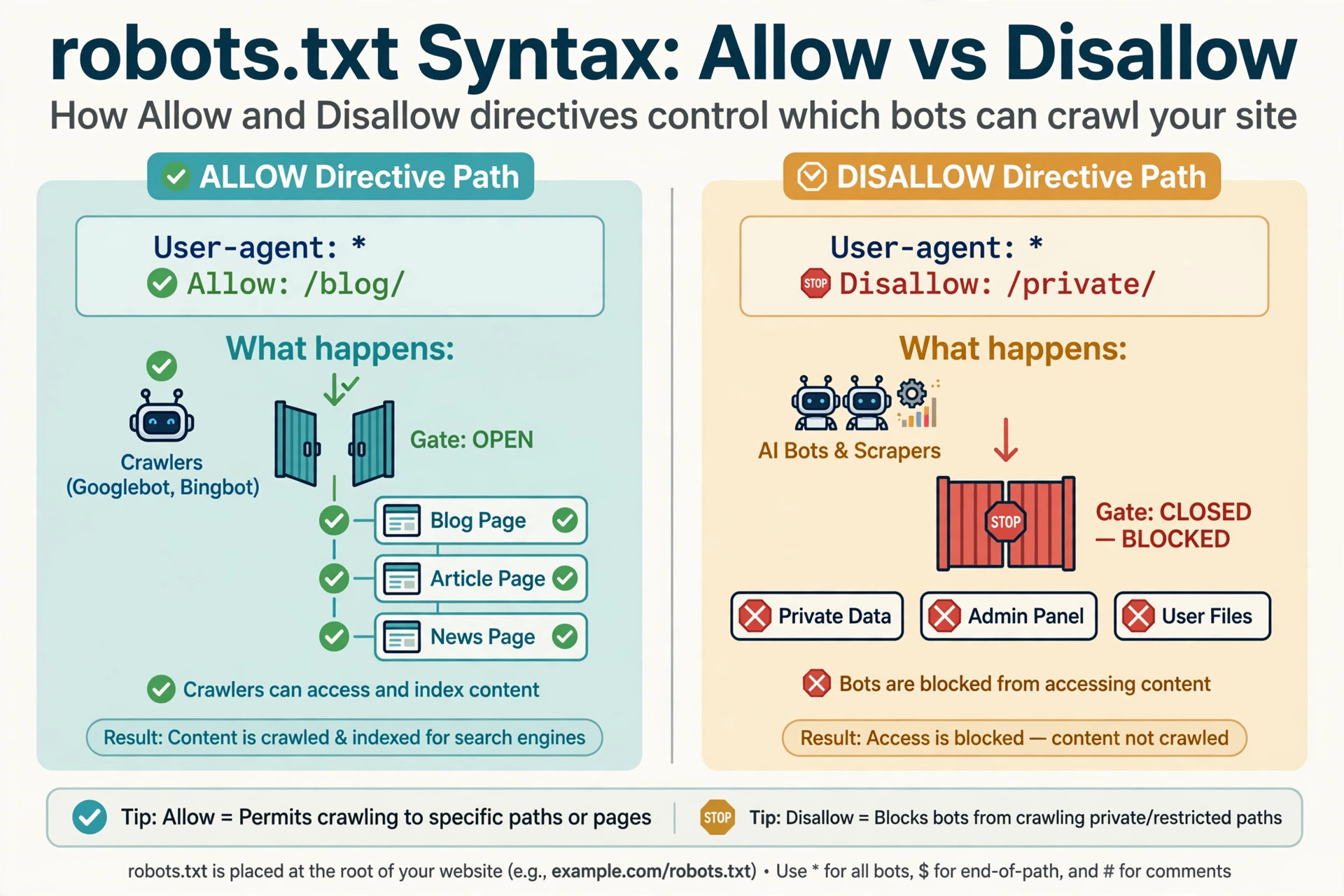 Diagram comparing Allow directive path with open gate for crawlers versus Disallow directive path with closed gate blocking AI bots and scrapers