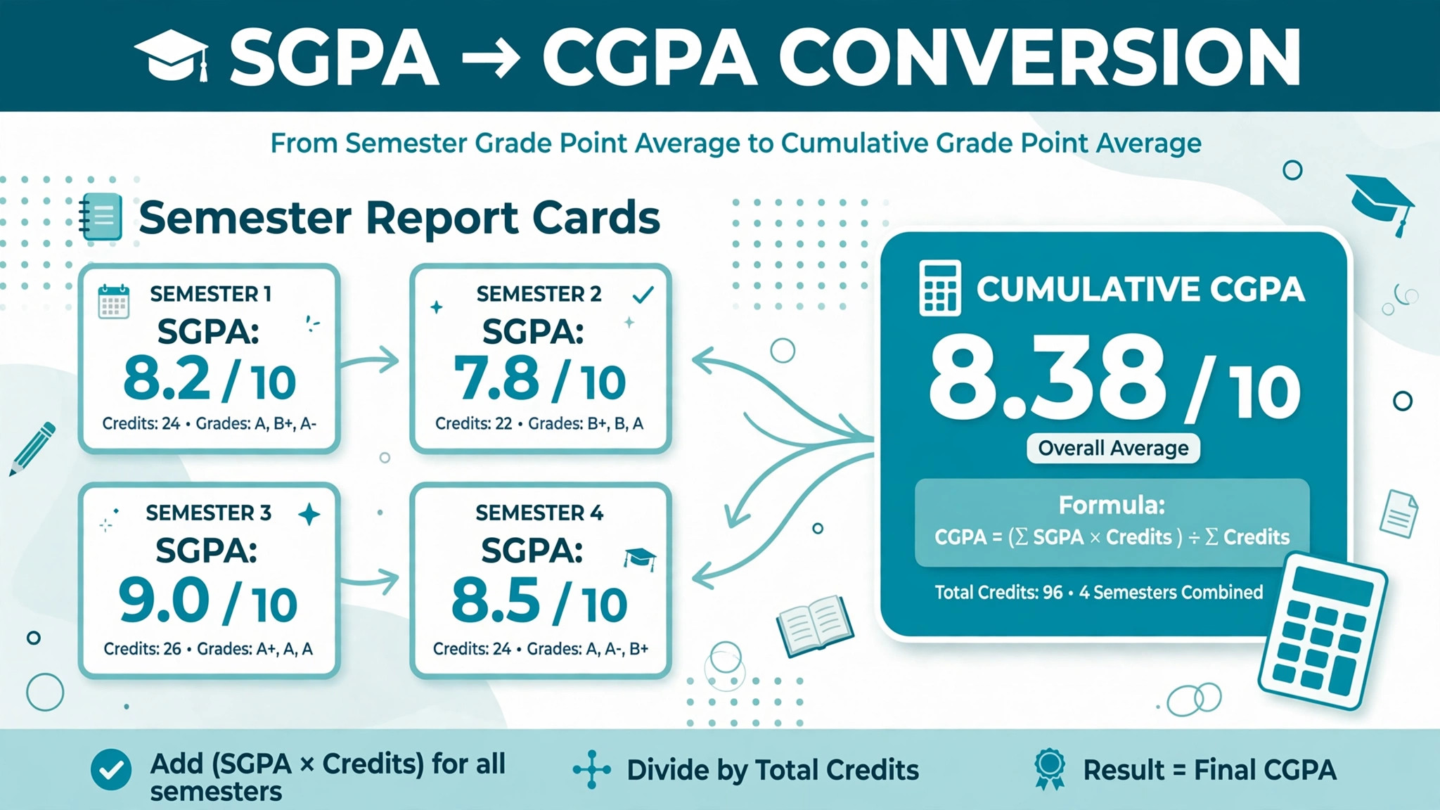 Illustration of semester report cards merging into a cumulative CGPA with a calculator