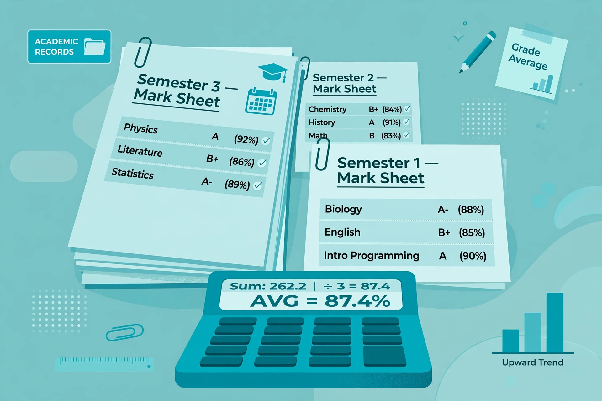 Stack of semester mark sheets being averaged on a calculator