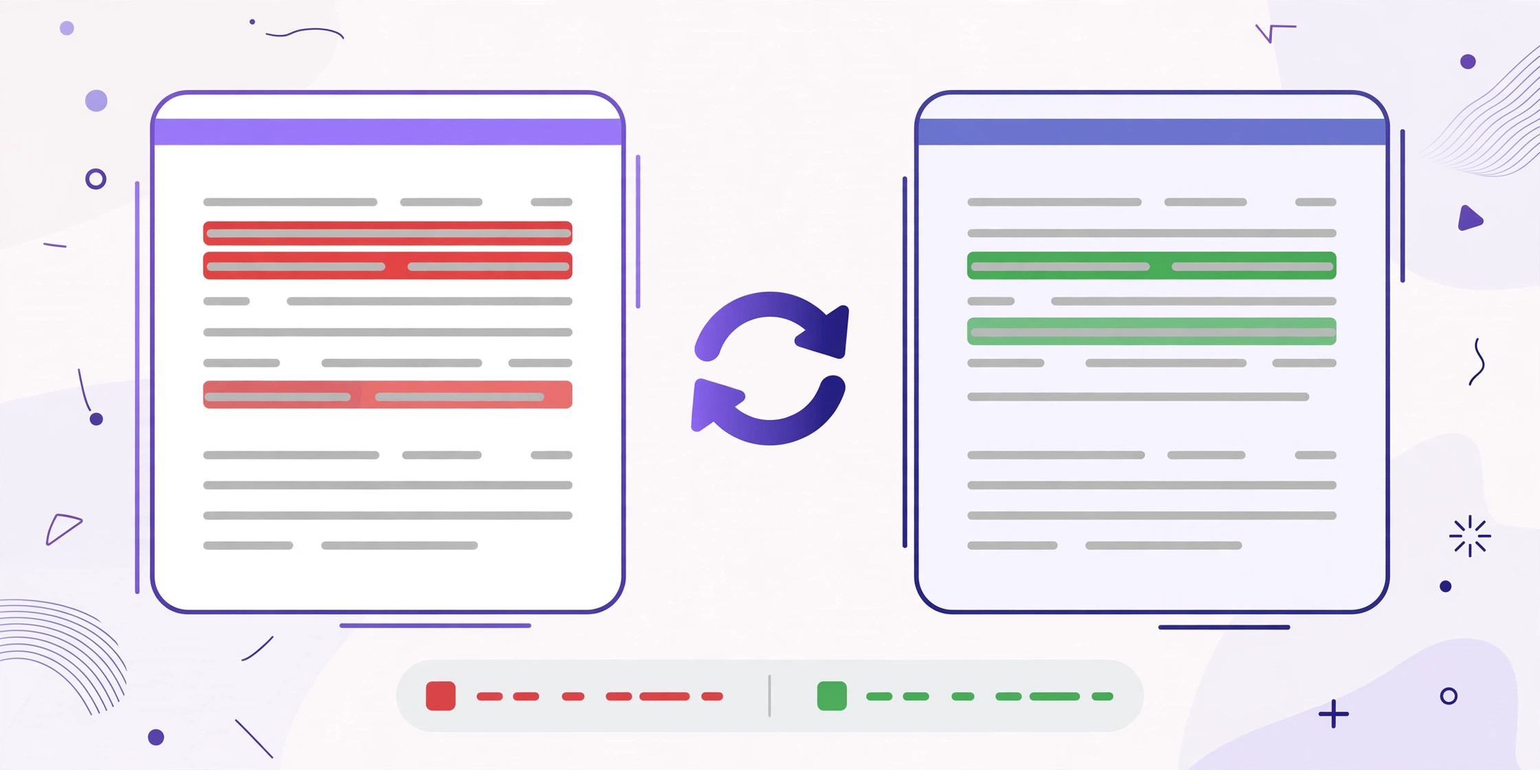 Two text documents side by side with red and green highlighted differences between them