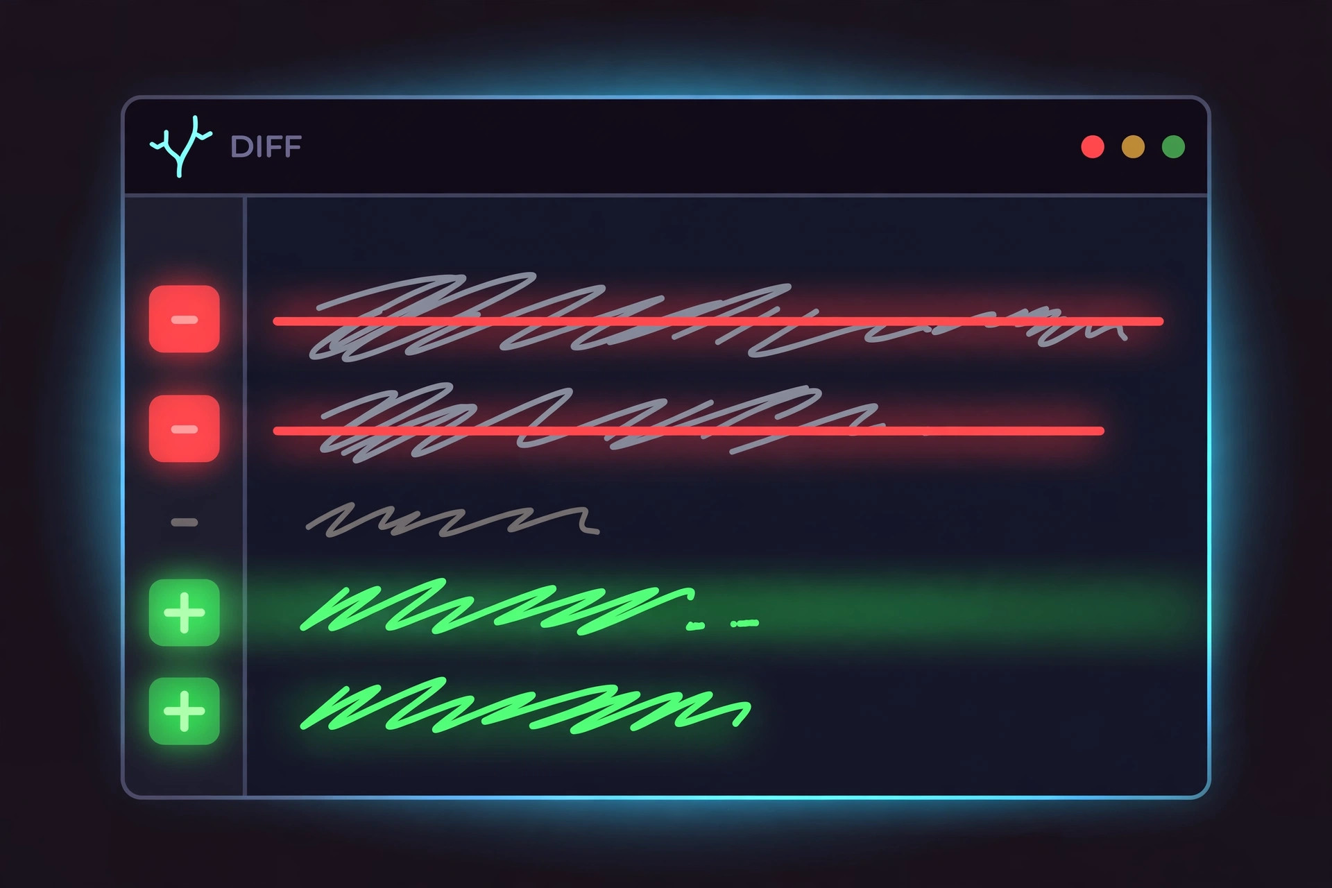 Diff output panel showing deleted lines in red and added lines in green with plus and minus markers