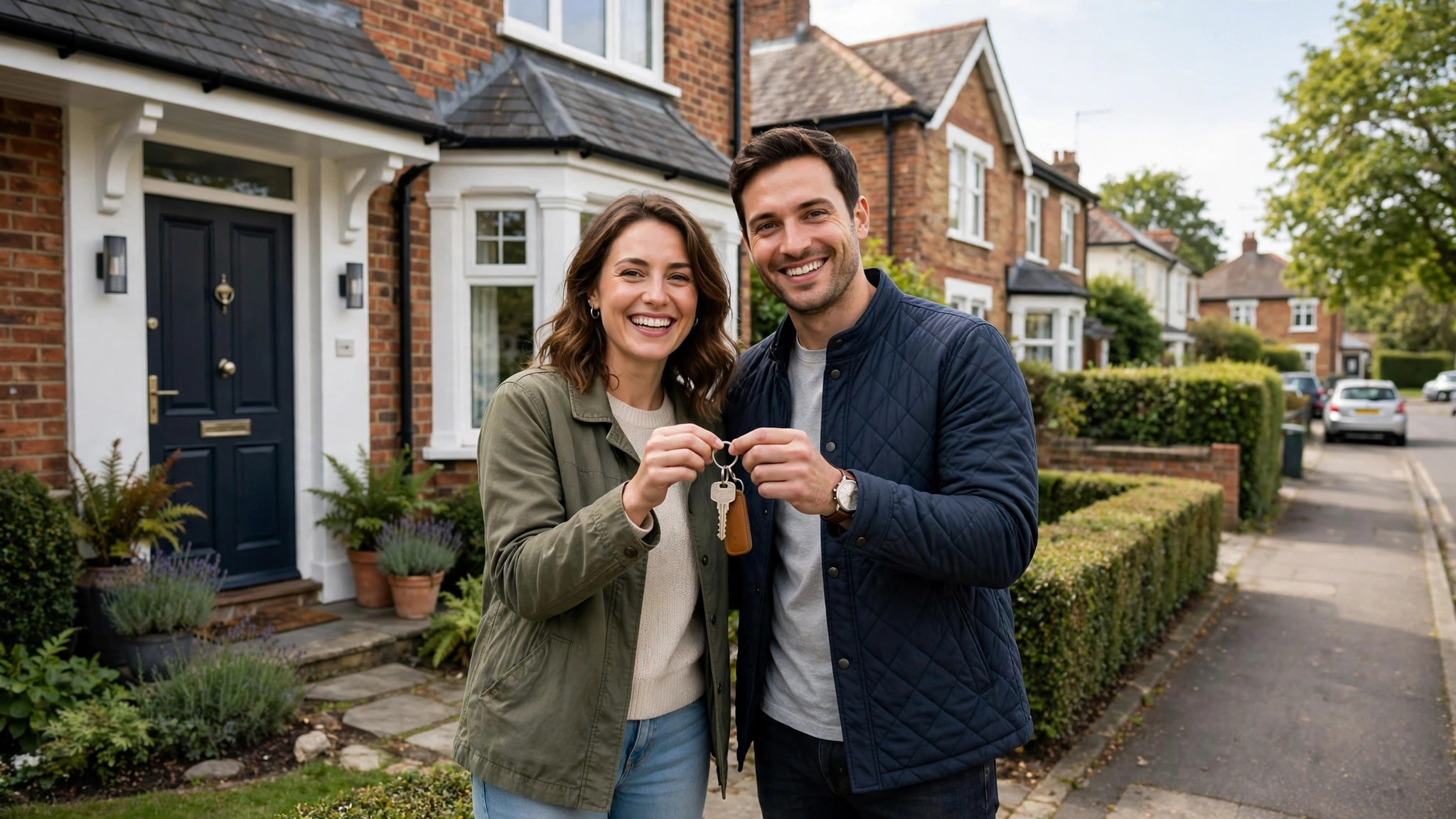 Happy couple holding house keys outside their new British home
