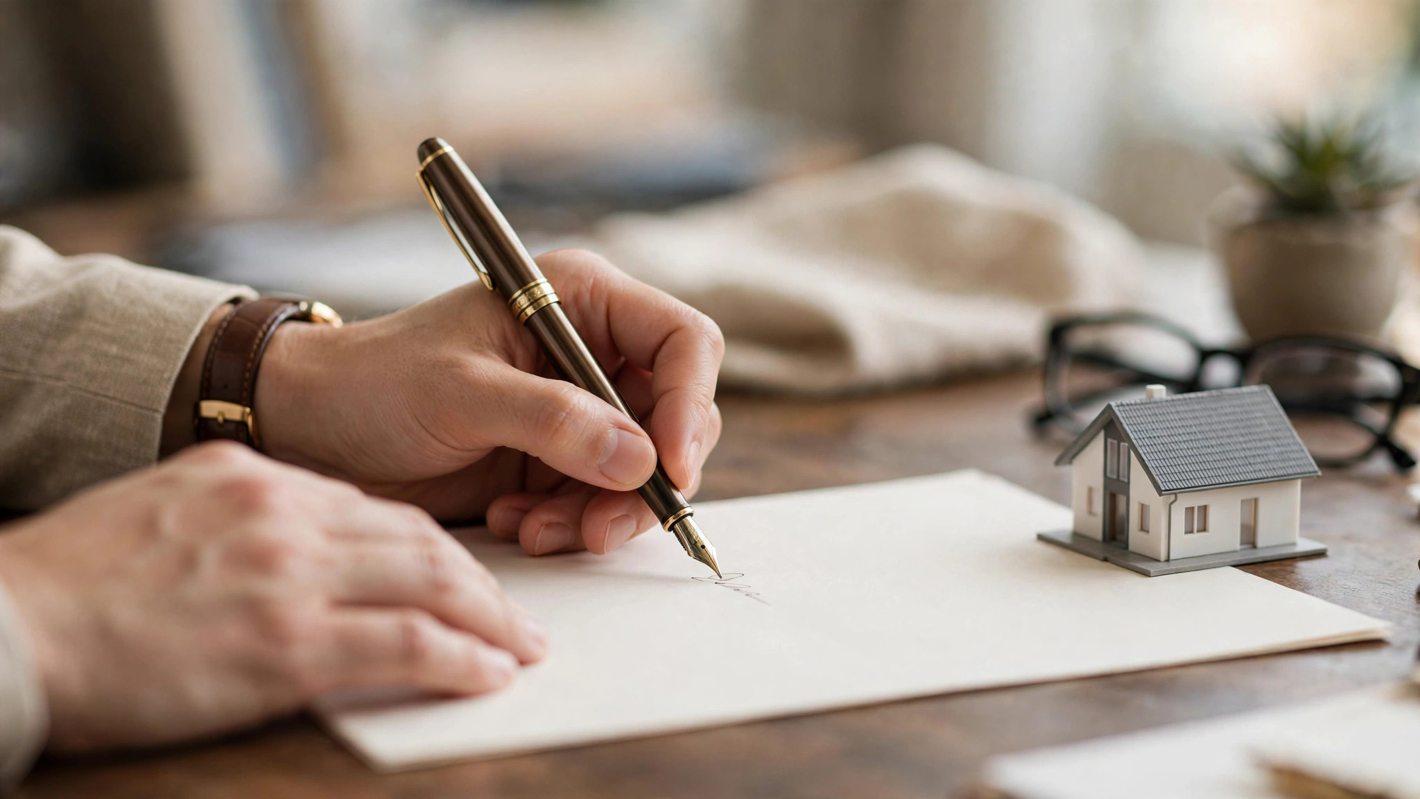 Hands signing property purchase documents with a fountain pen next to a house model