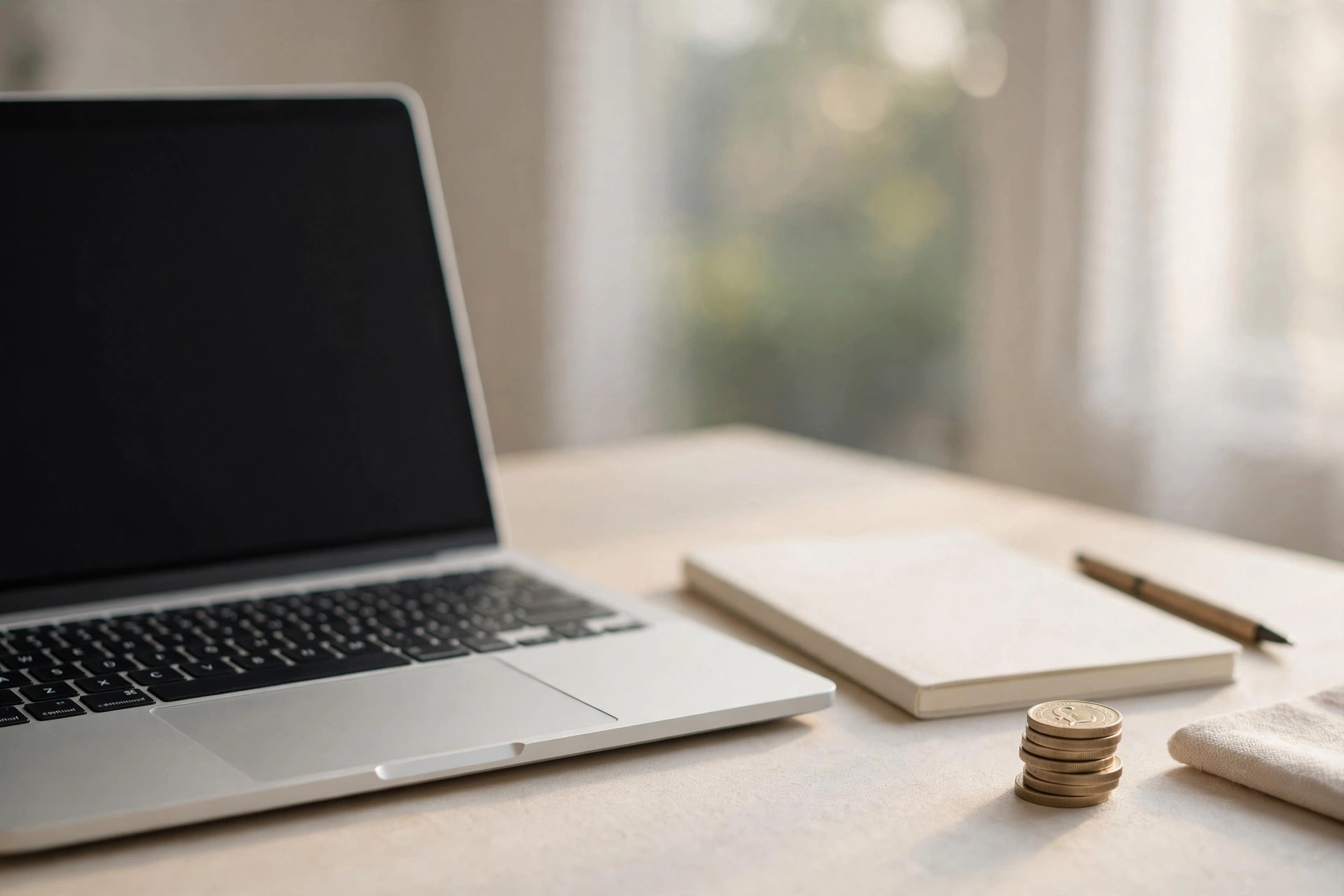 Laptop, notebook and pound coins for loan repayment planning