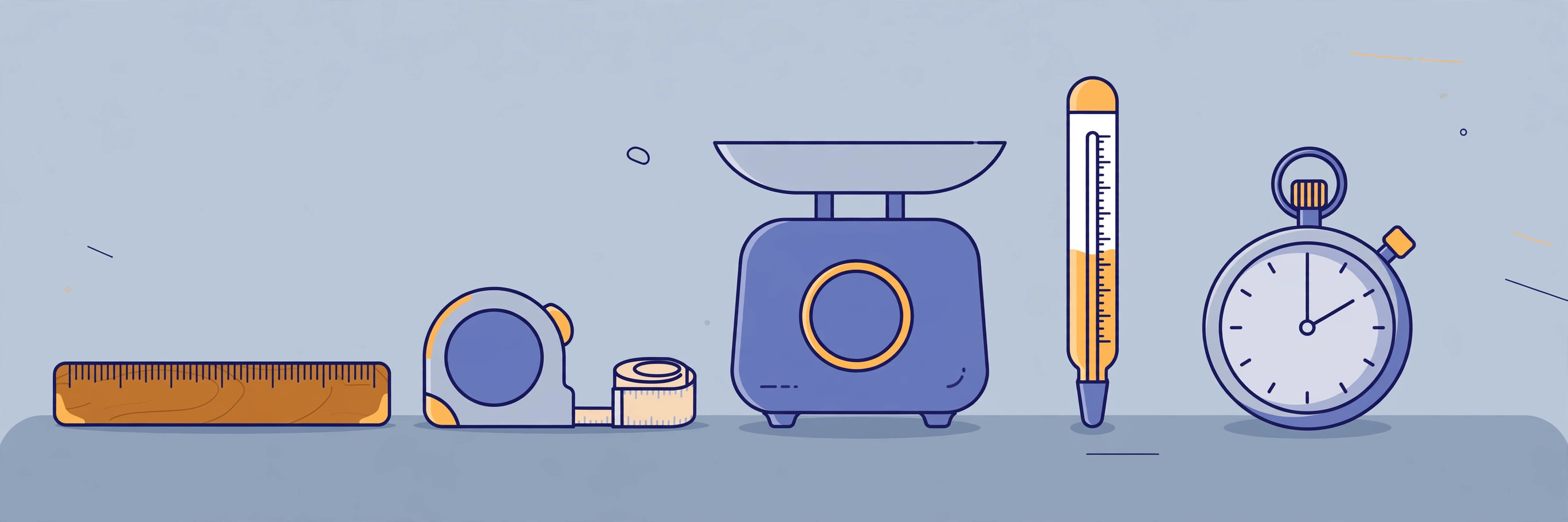 Illustration of measuring tools: ruler, tape measure, kitchen scale, thermometer, and stopwatch