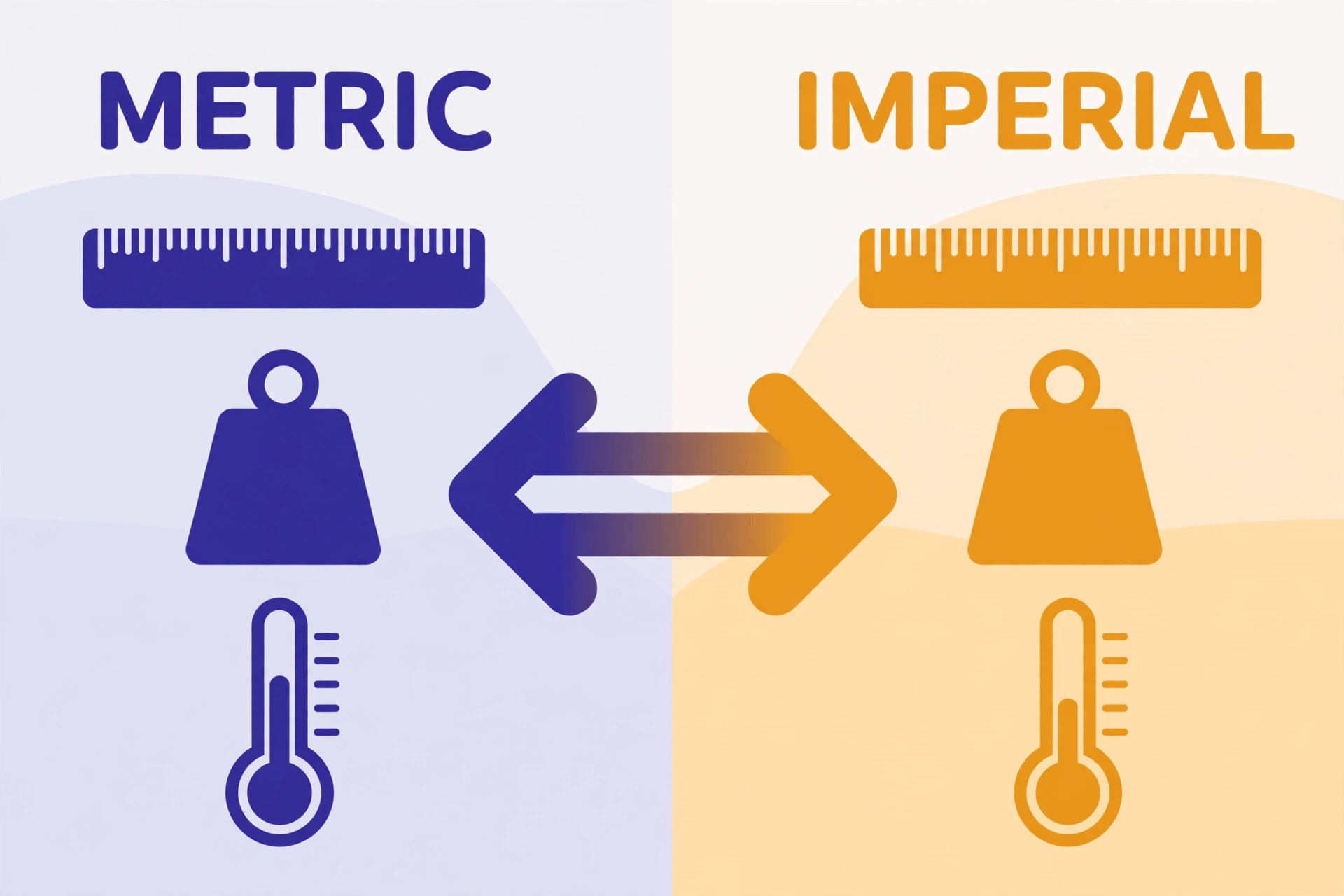 Side-by-side comparison of metric and imperial measurement units with a two-way conversion arrow