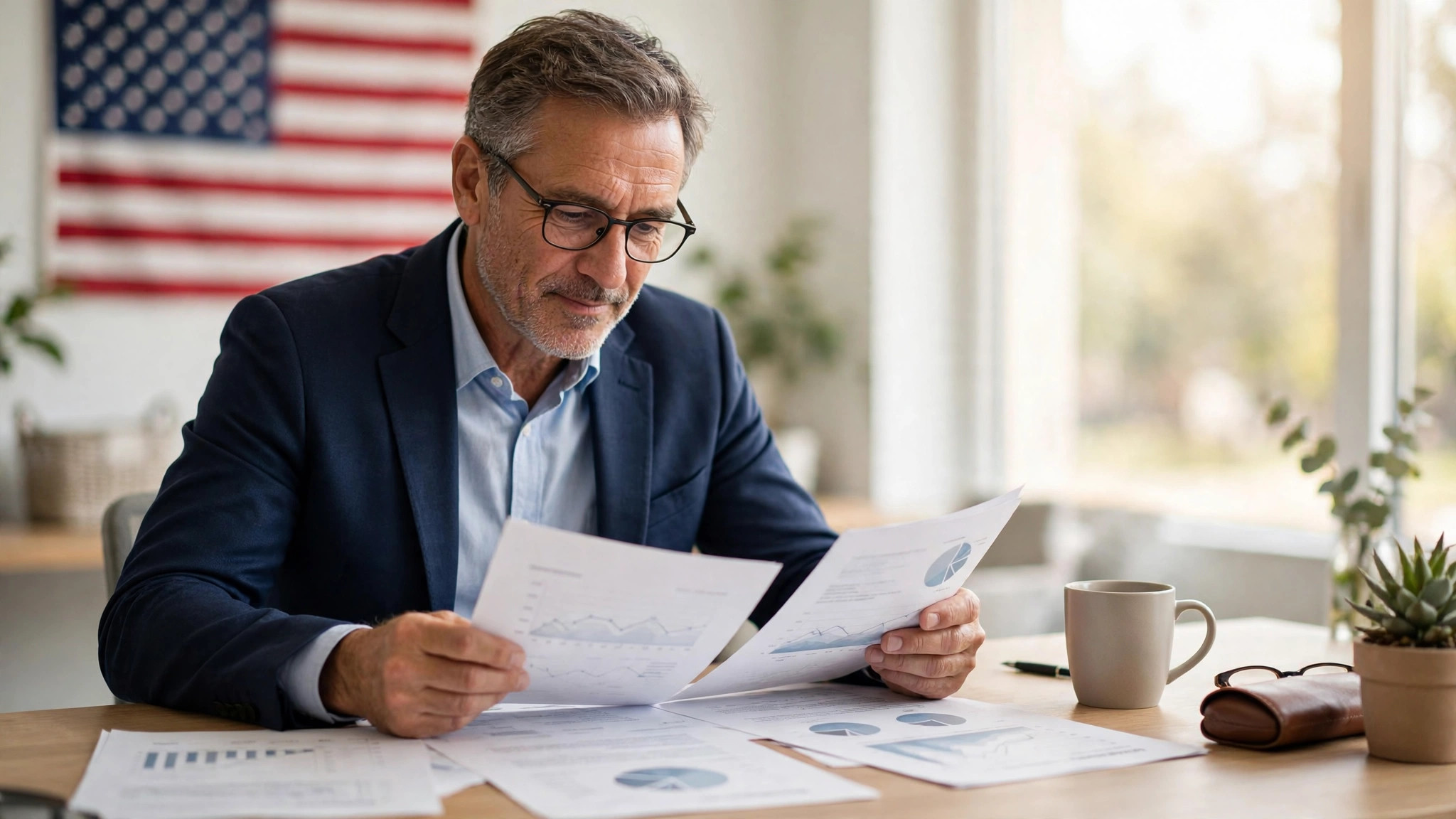 Professional reviewing retirement savings documents at a home office