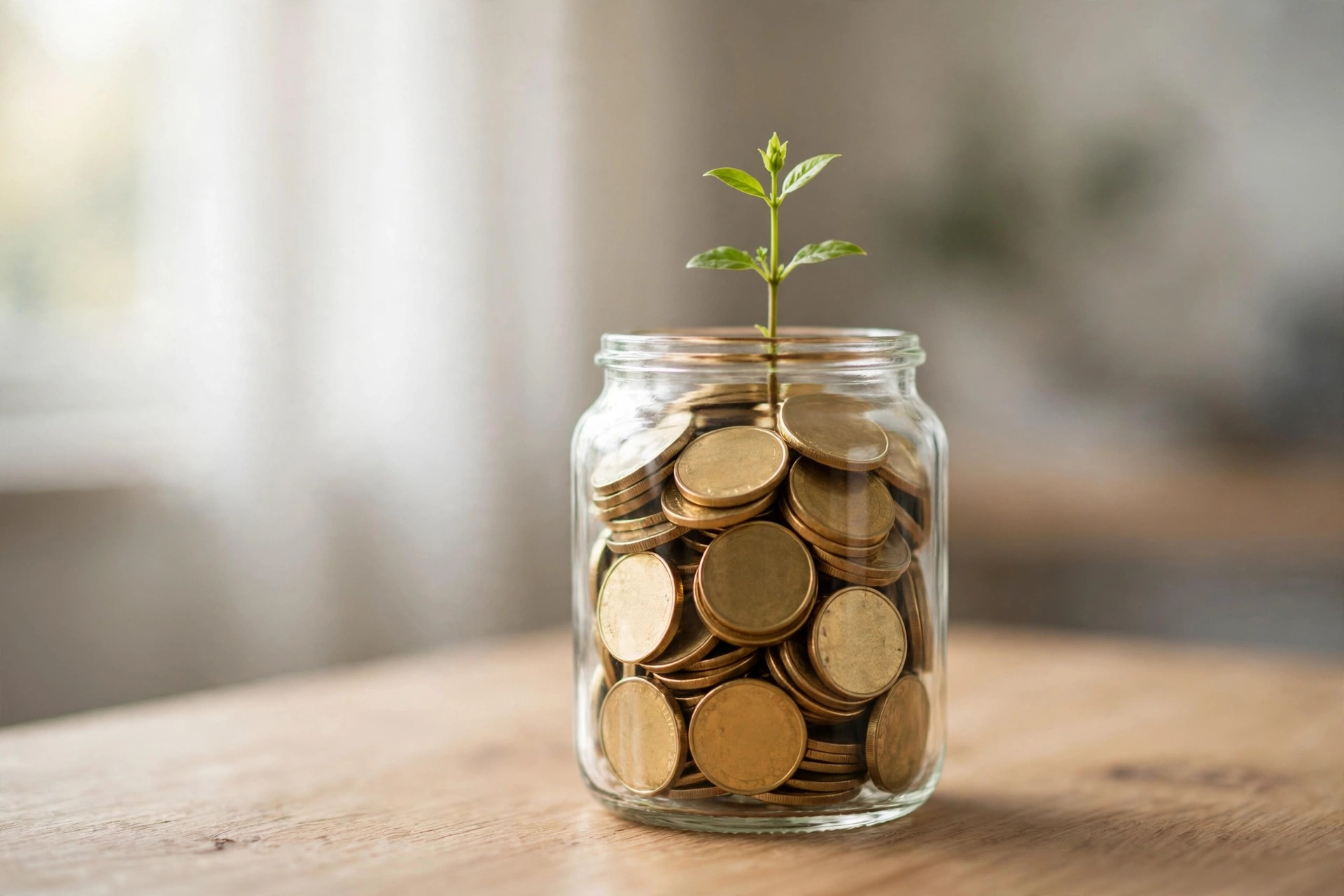 Plant growing from a jar of dollar coins