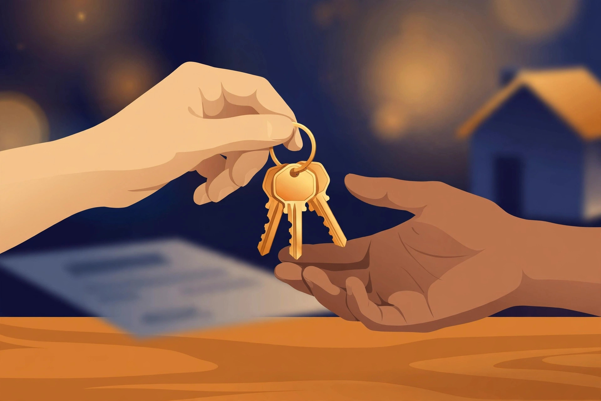 Hands exchanging brass house keys over a closing table with signed home purchase documents